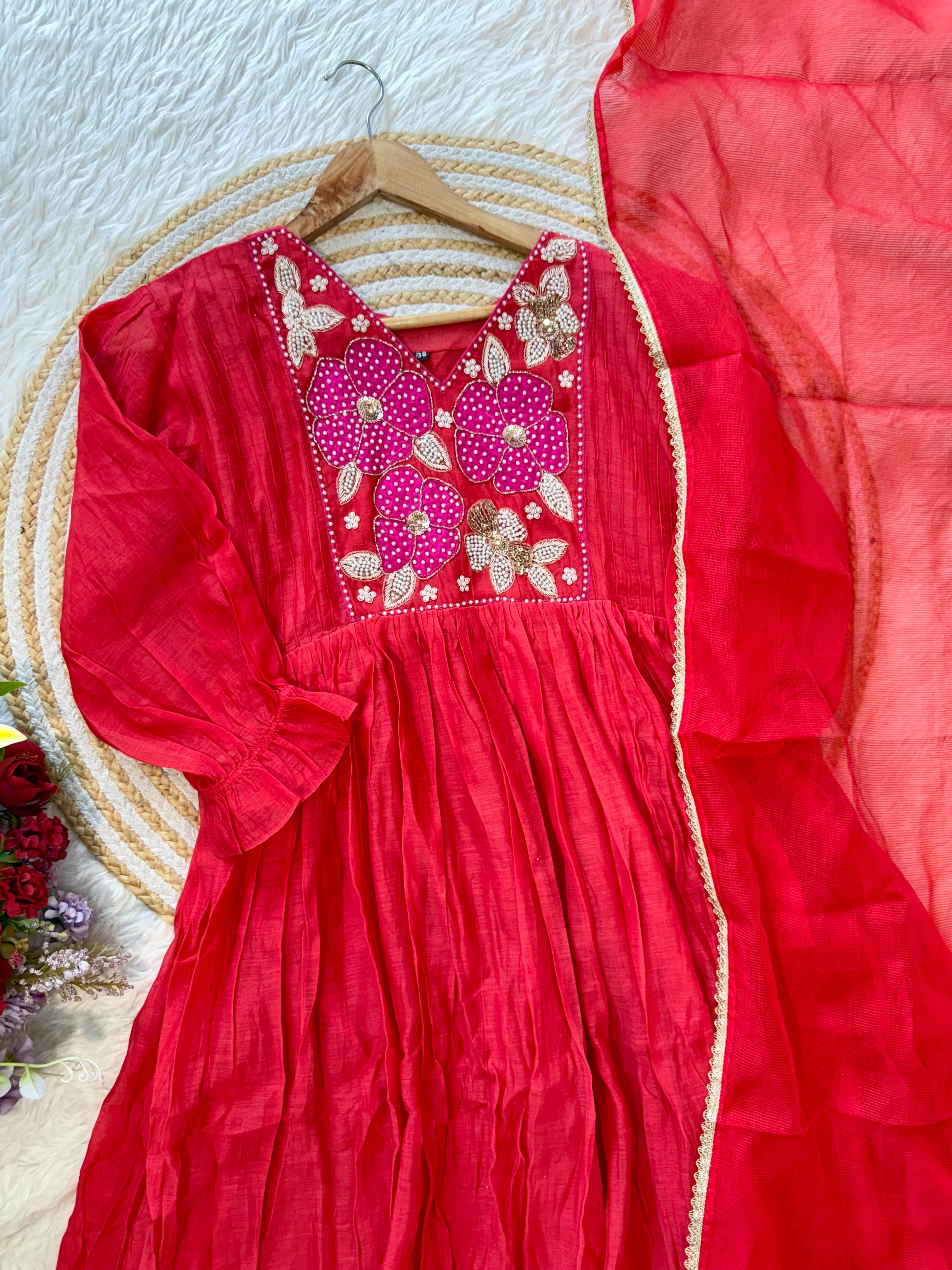 “NYLA” Beautiful Mul Chanderi anarkali kurti set