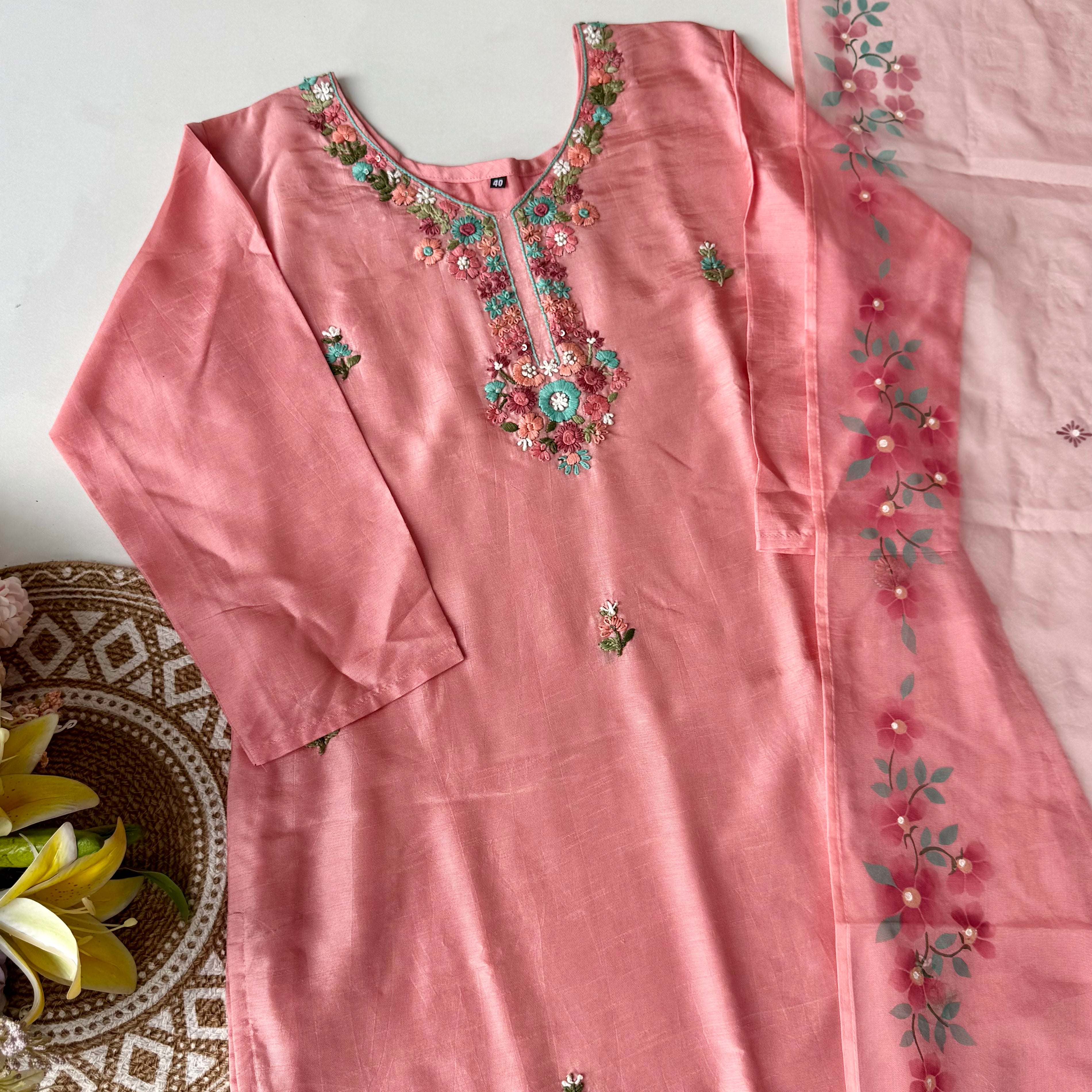 “Laya” Dola Silk Embroidered Suit Set with Printed Organza Dupatta