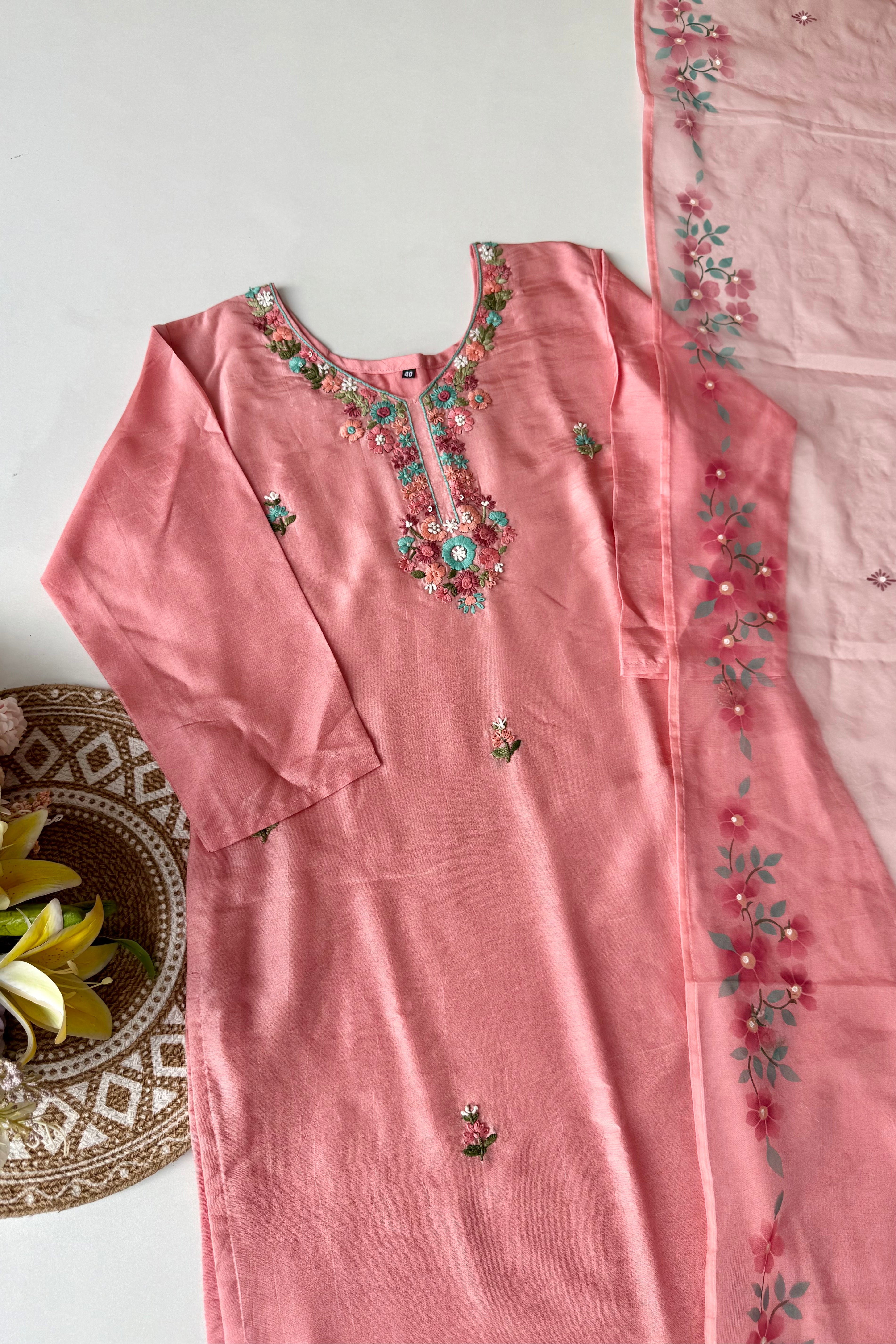 “Laya” Dola Silk Embroidered Suit Set with Printed Organza Dupatta