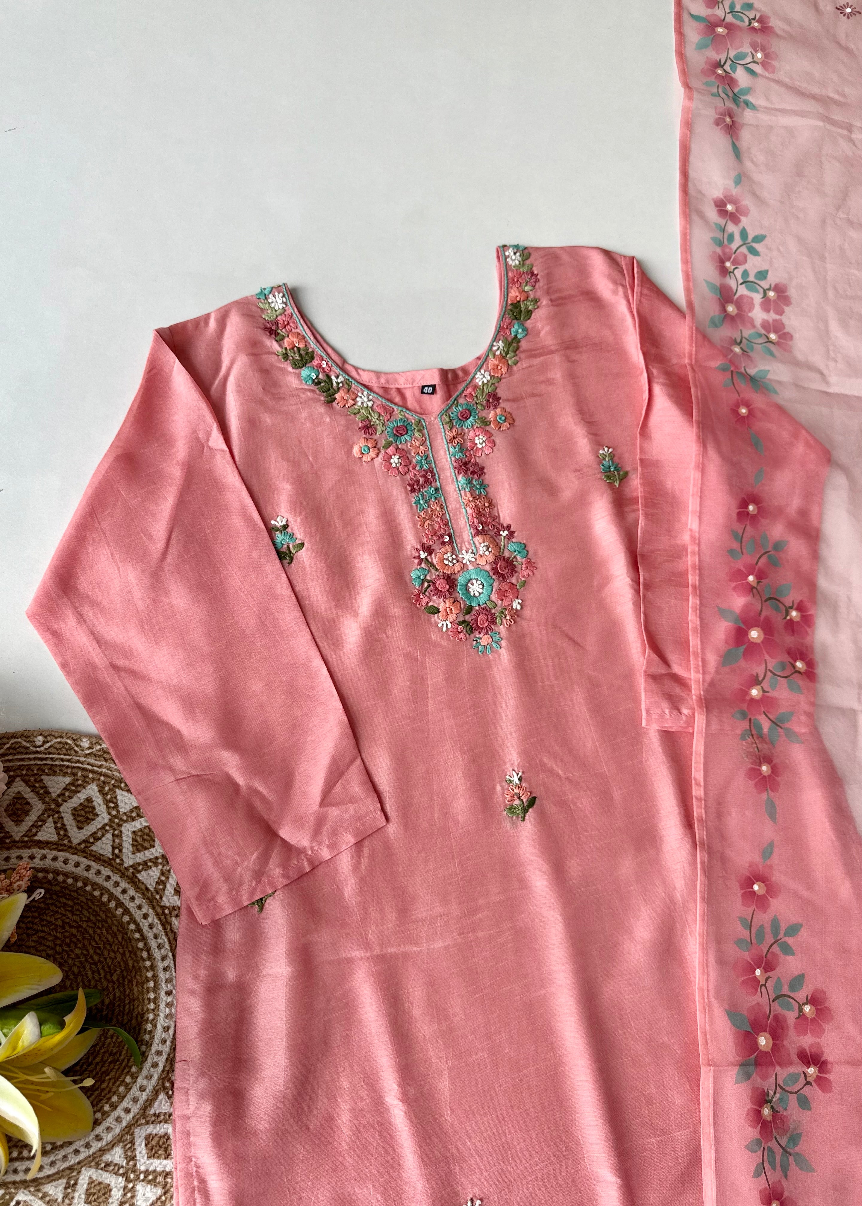 “Laya” Dola Silk Embroidered Suit Set with Printed Organza Dupatta