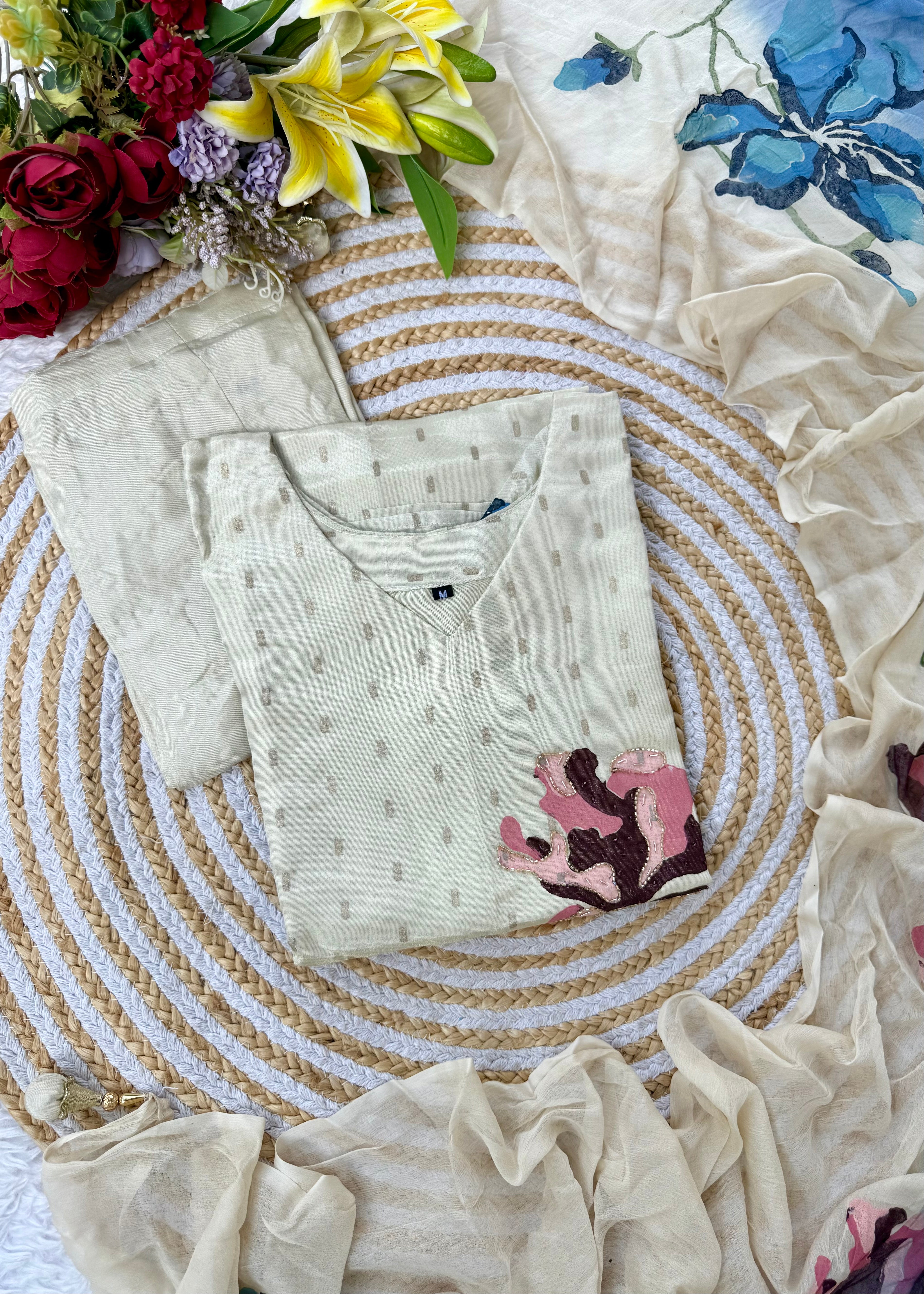 “SUZEN” Tissue silk handprinted floral work kurta set