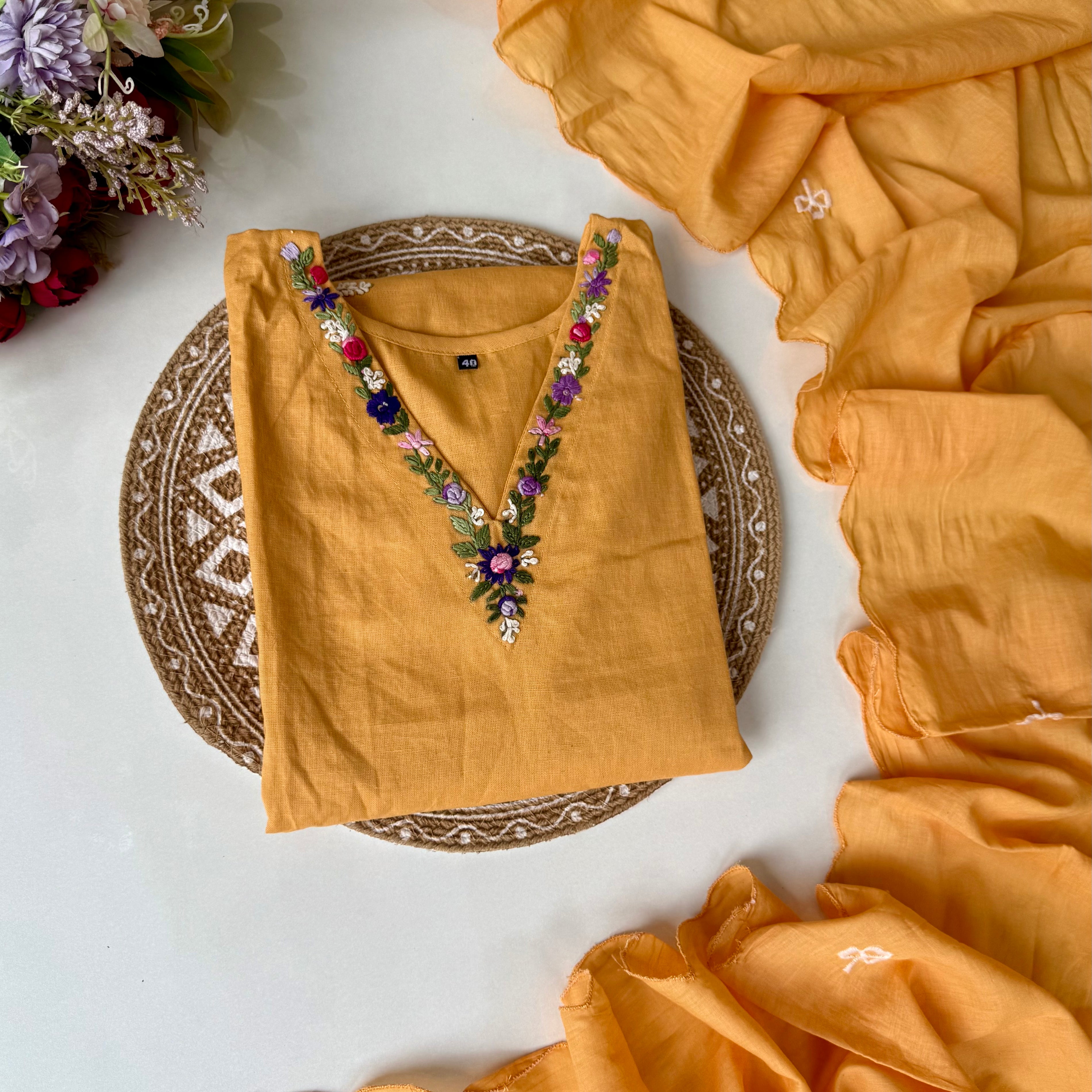 “Aayana” Premium lemon yellow cotton thread work kurta set