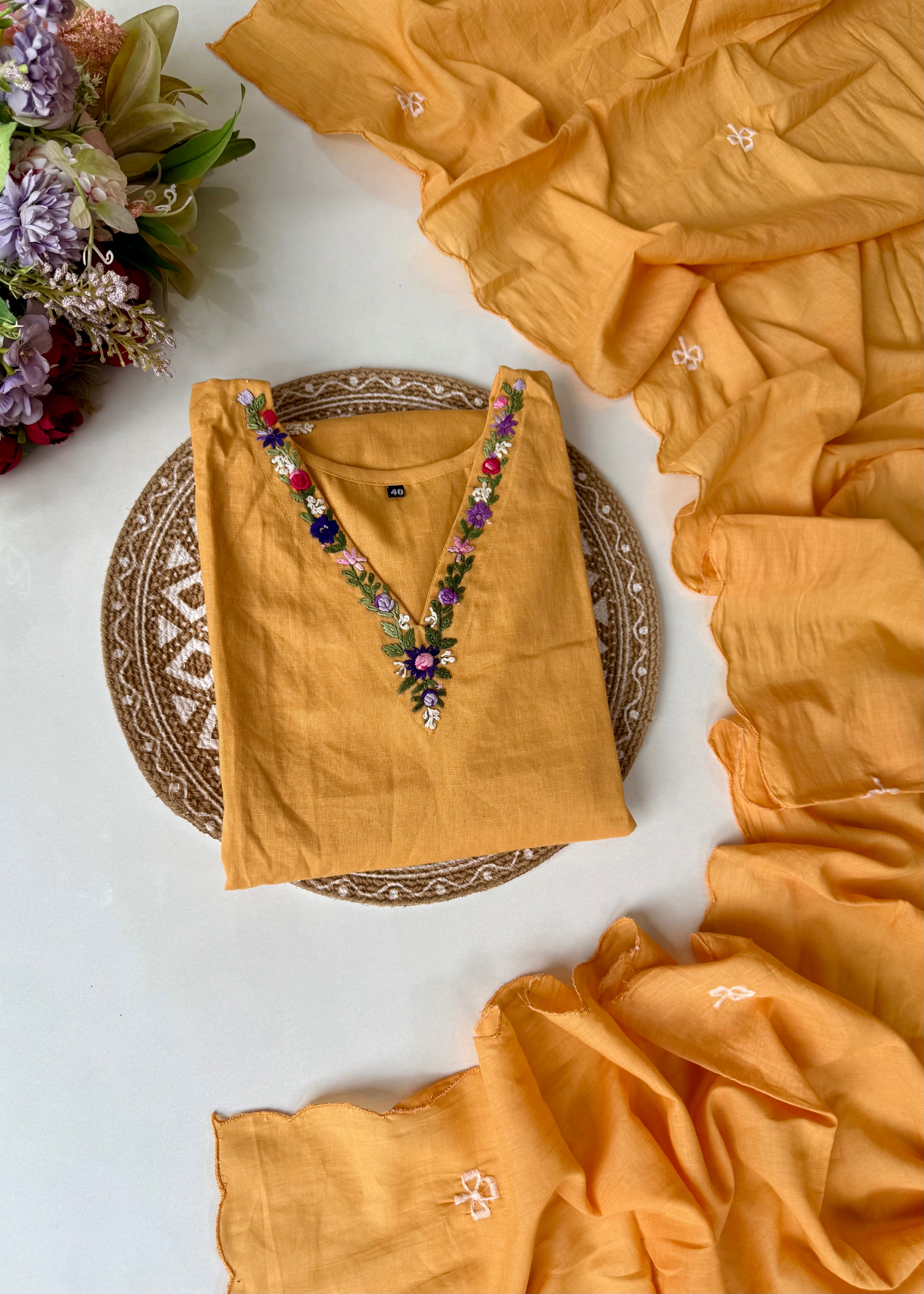 “Aayana” Premium lemon yellow cotton thread work kurta set