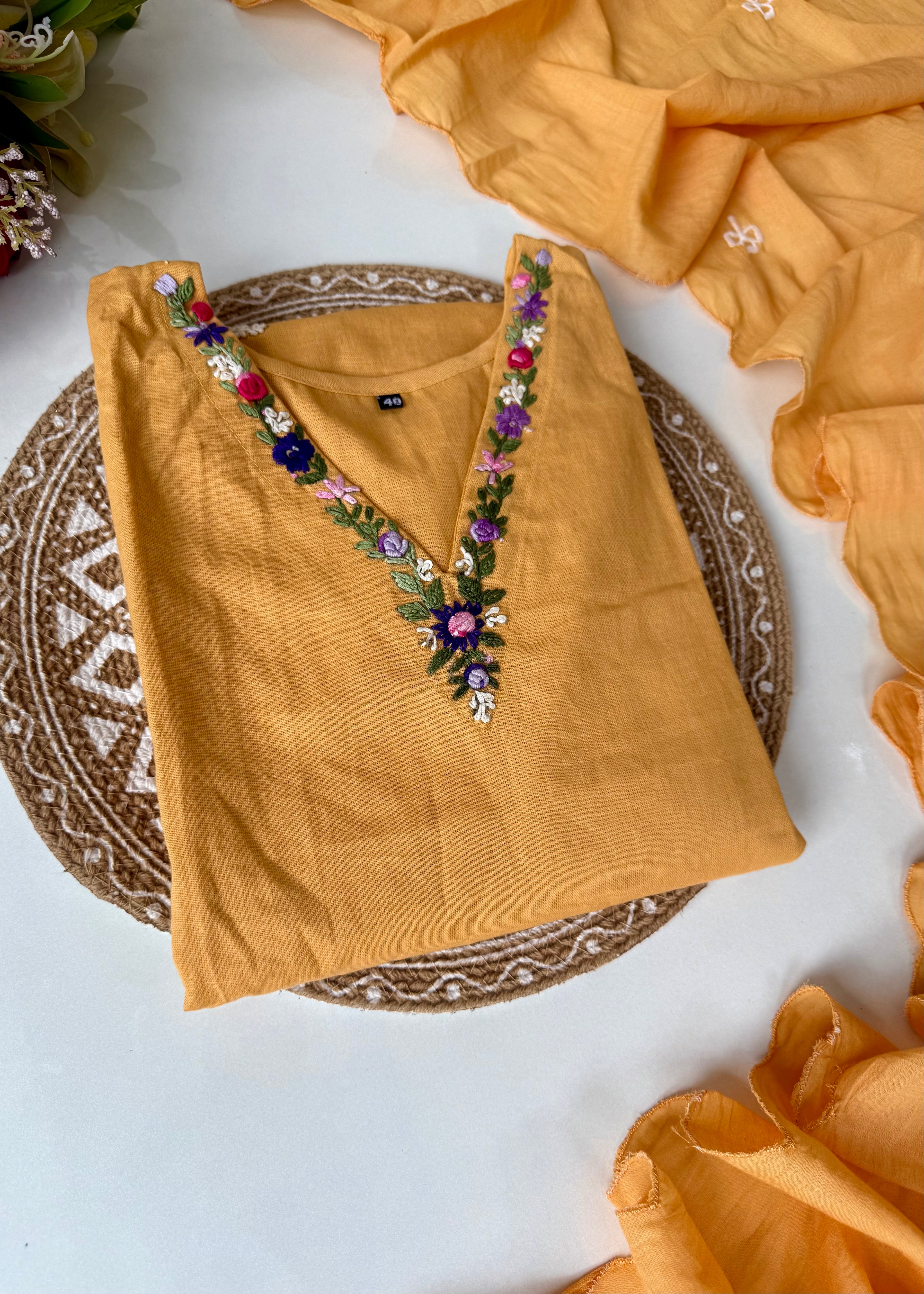 “Aayana” Premium lemon yellow cotton thread work kurta set