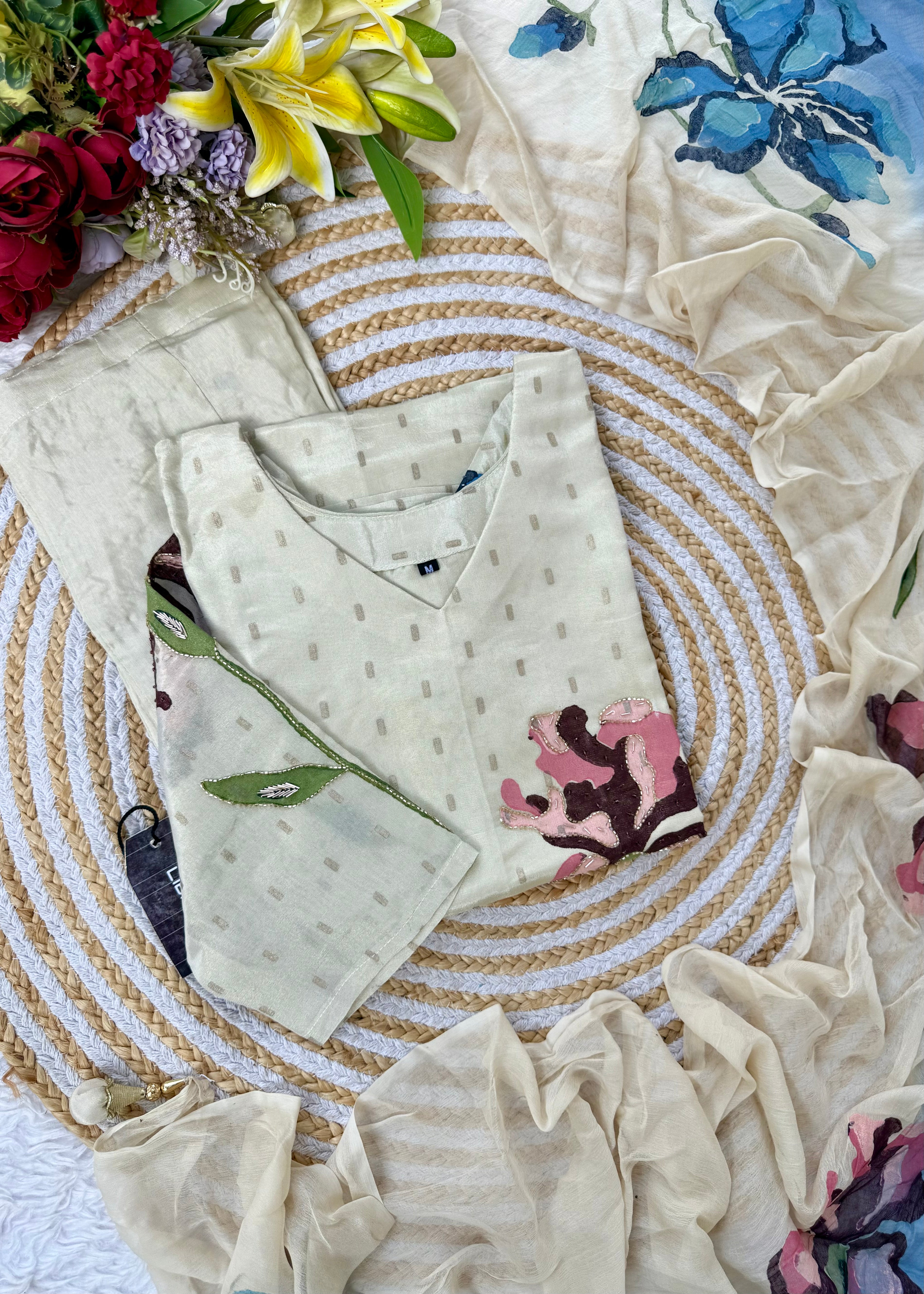 “SUZEN” Tissue silk handprinted floral work kurta set