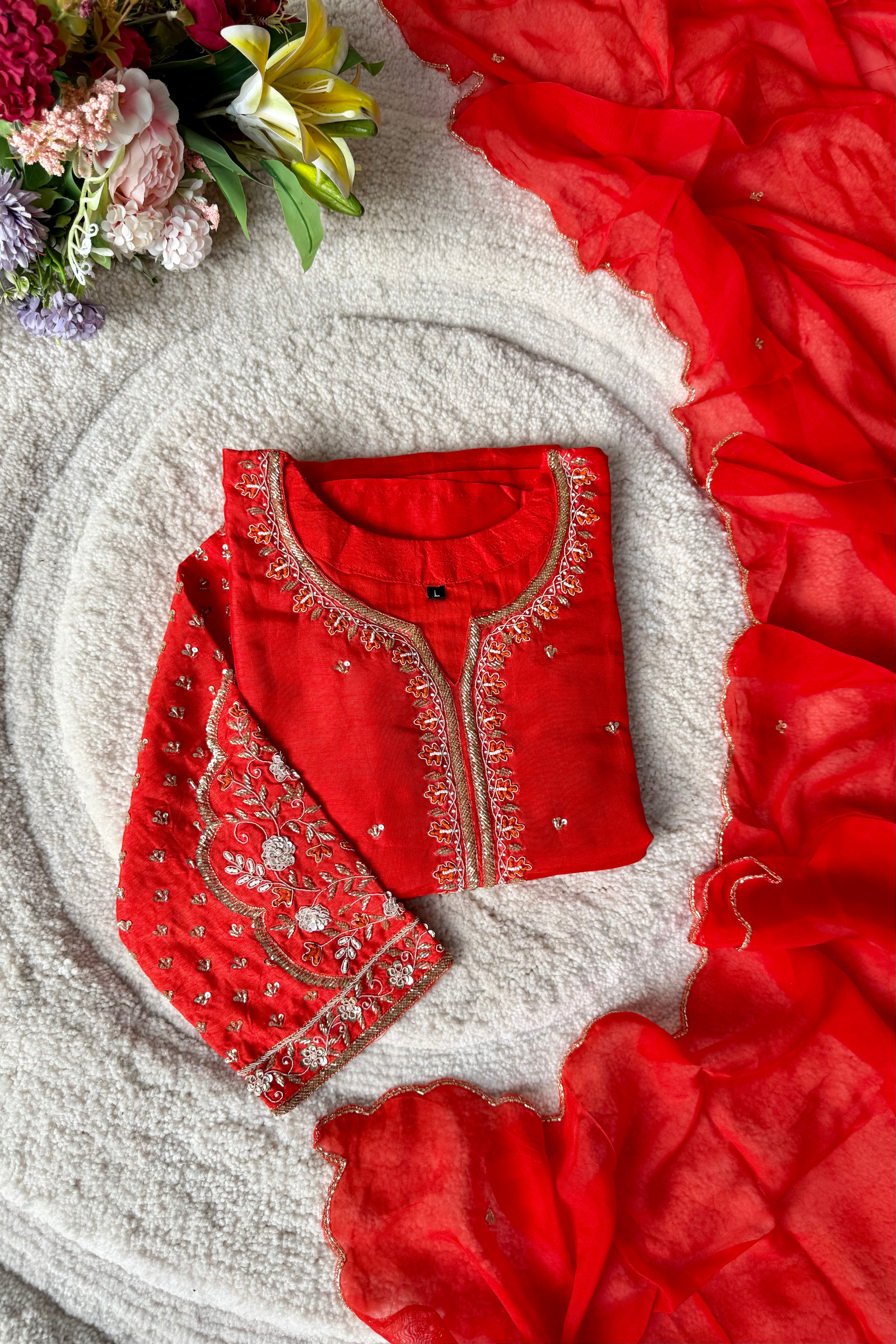 “Aayza ” Partywear Orange heavy handwork Dola Silk Kurta Set