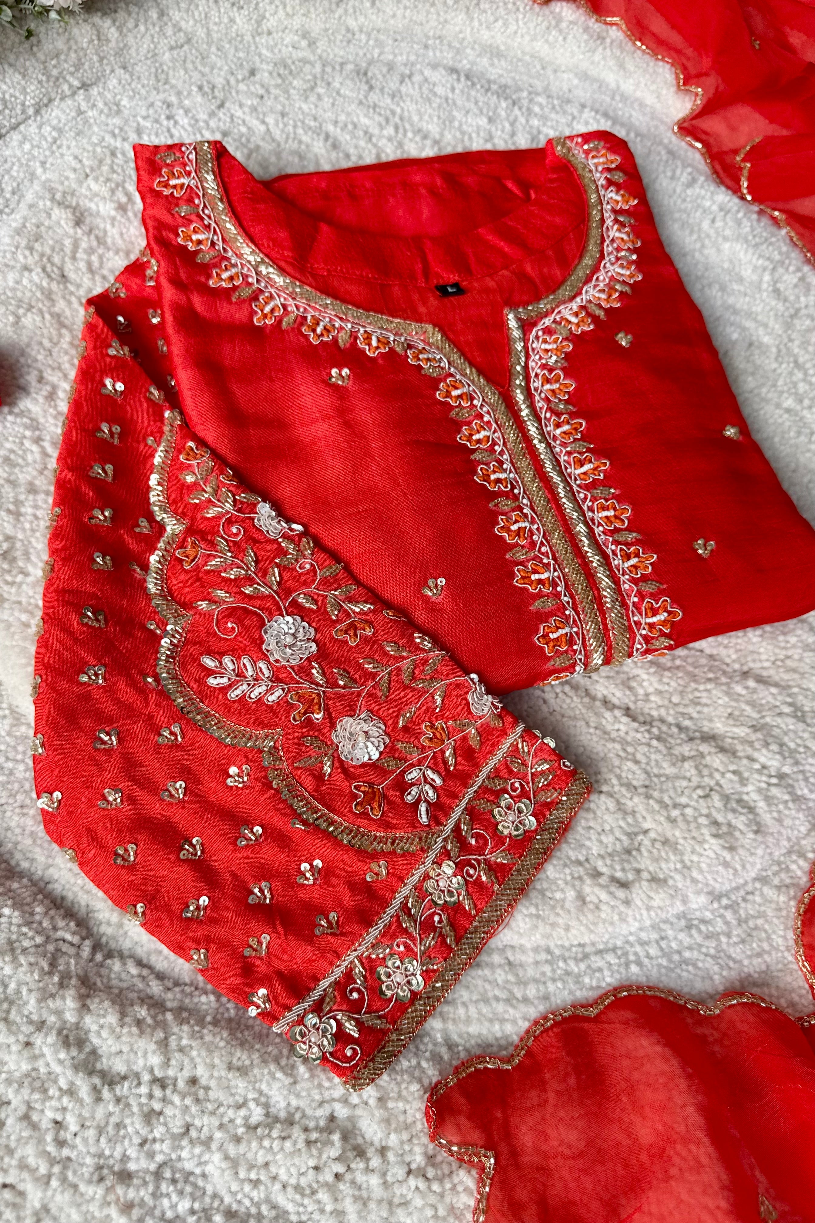 “Aayza ” Partywear Orange heavy handwork Dola Silk Kurta Set