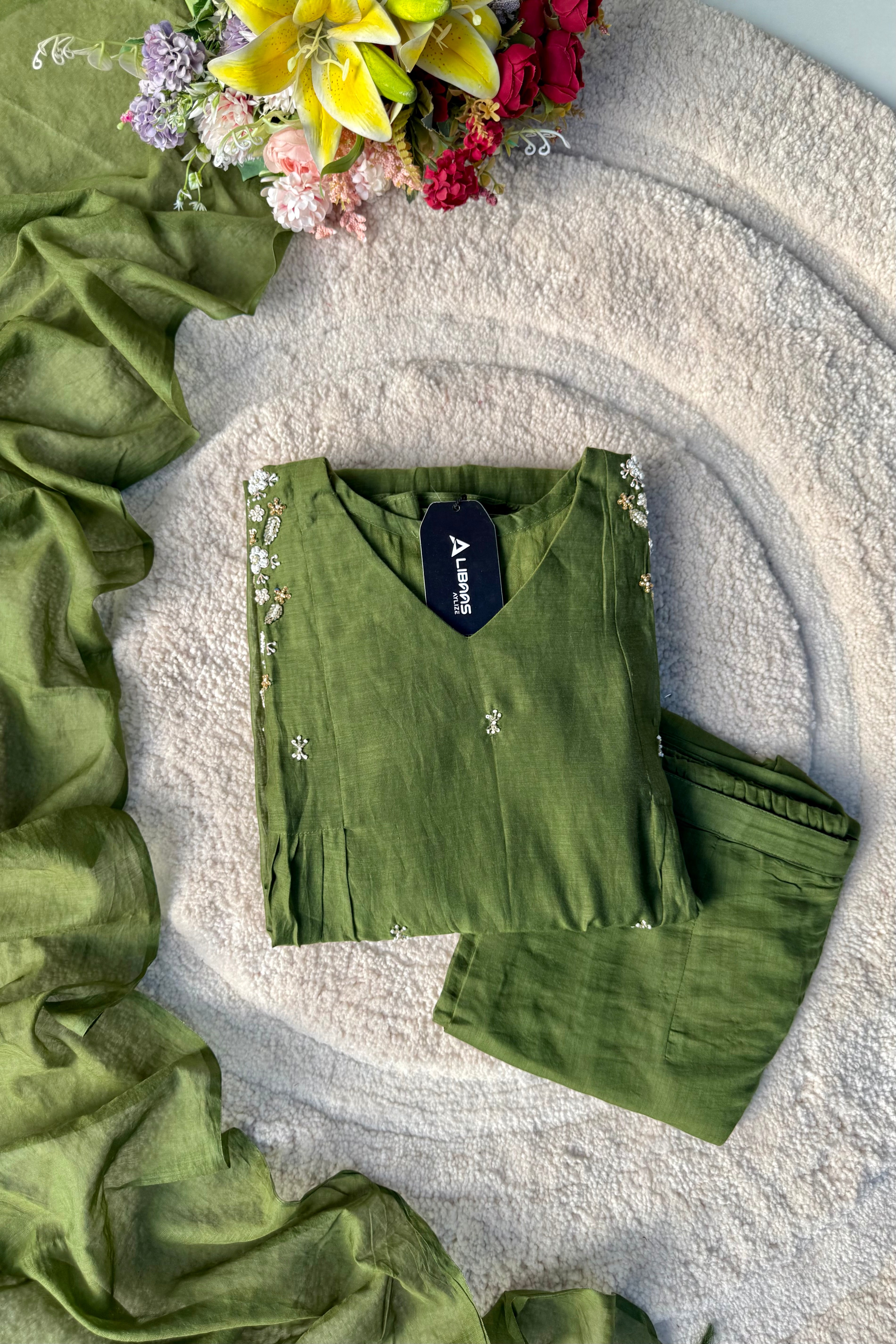 “Zayna” Premium Green Mul Chanderi anarkali kurta set