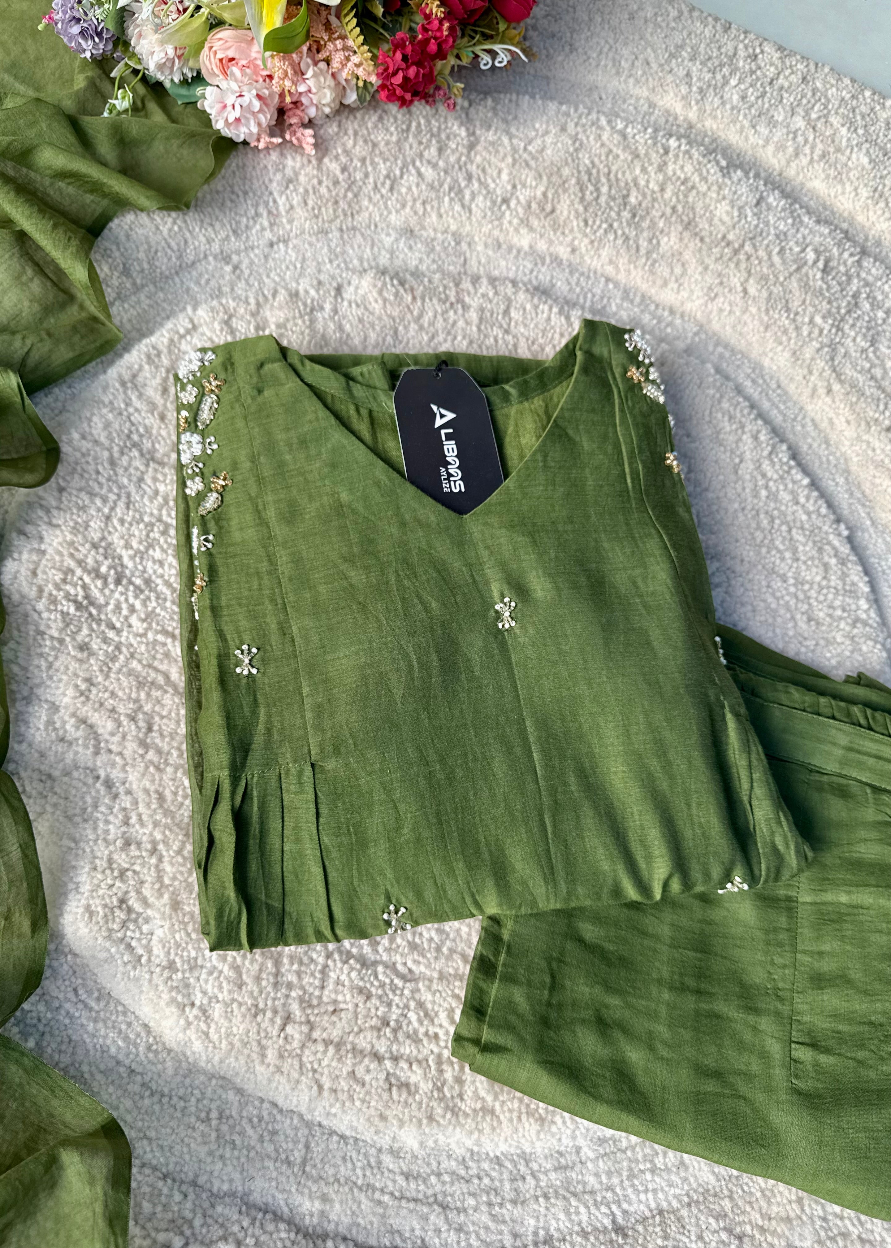 “Zayna” Premium Green Mul Chanderi anarkali kurta set