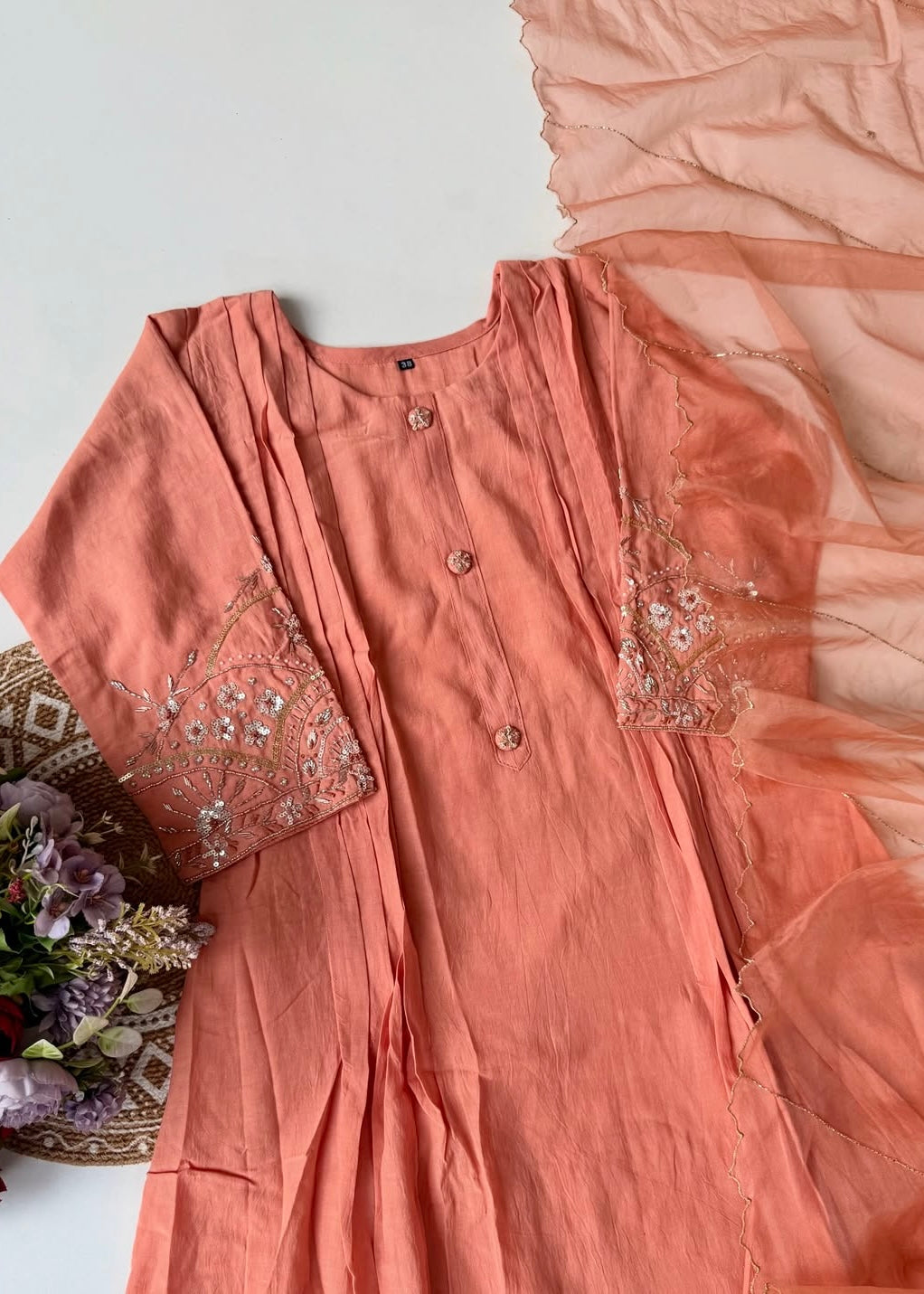 “Bindiya” Deep Rose Mul Chanderi handwork kurta set