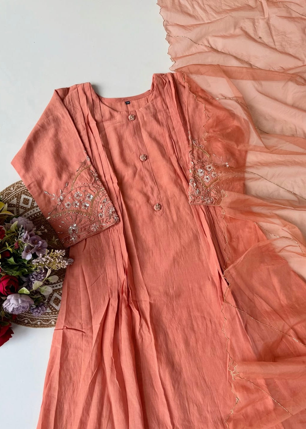 “Bindiya” Deep Rose Mul Chanderi handwork kurta set