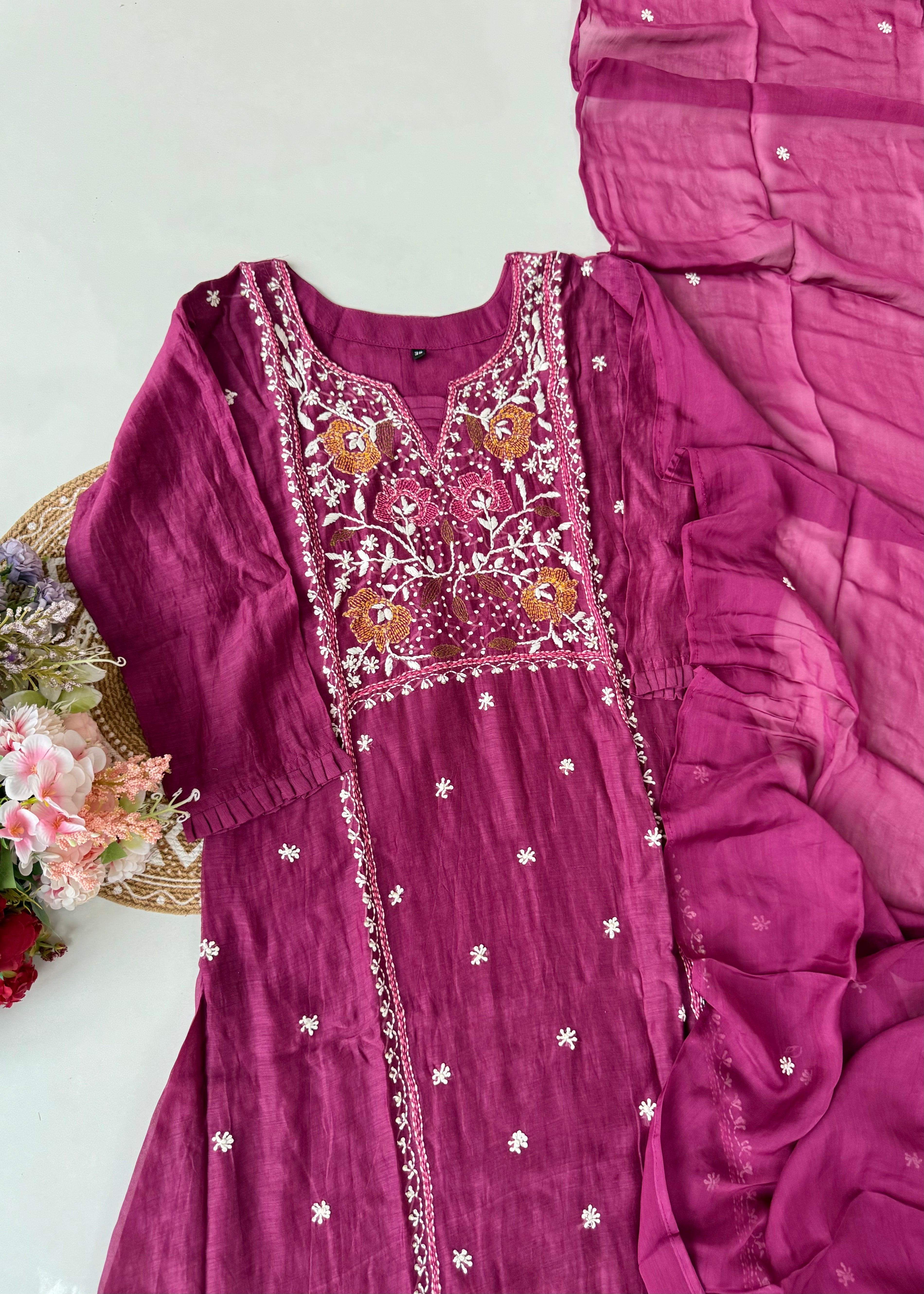 “Mulmul” Wine Thread work Mul Chanderi A Line kurta set