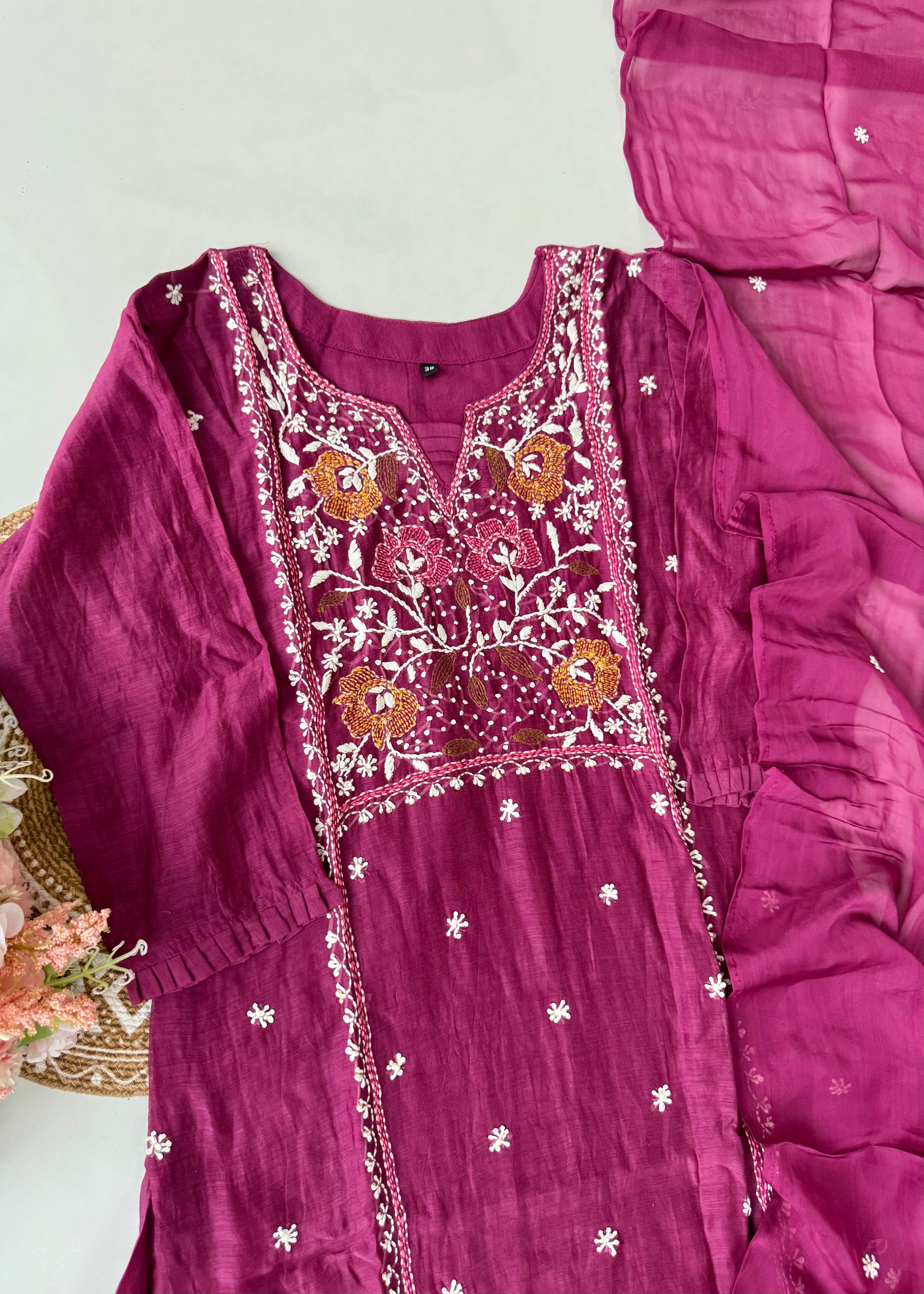 “Mulmul” Wine Thread work Mul Chanderi A Line kurta set
