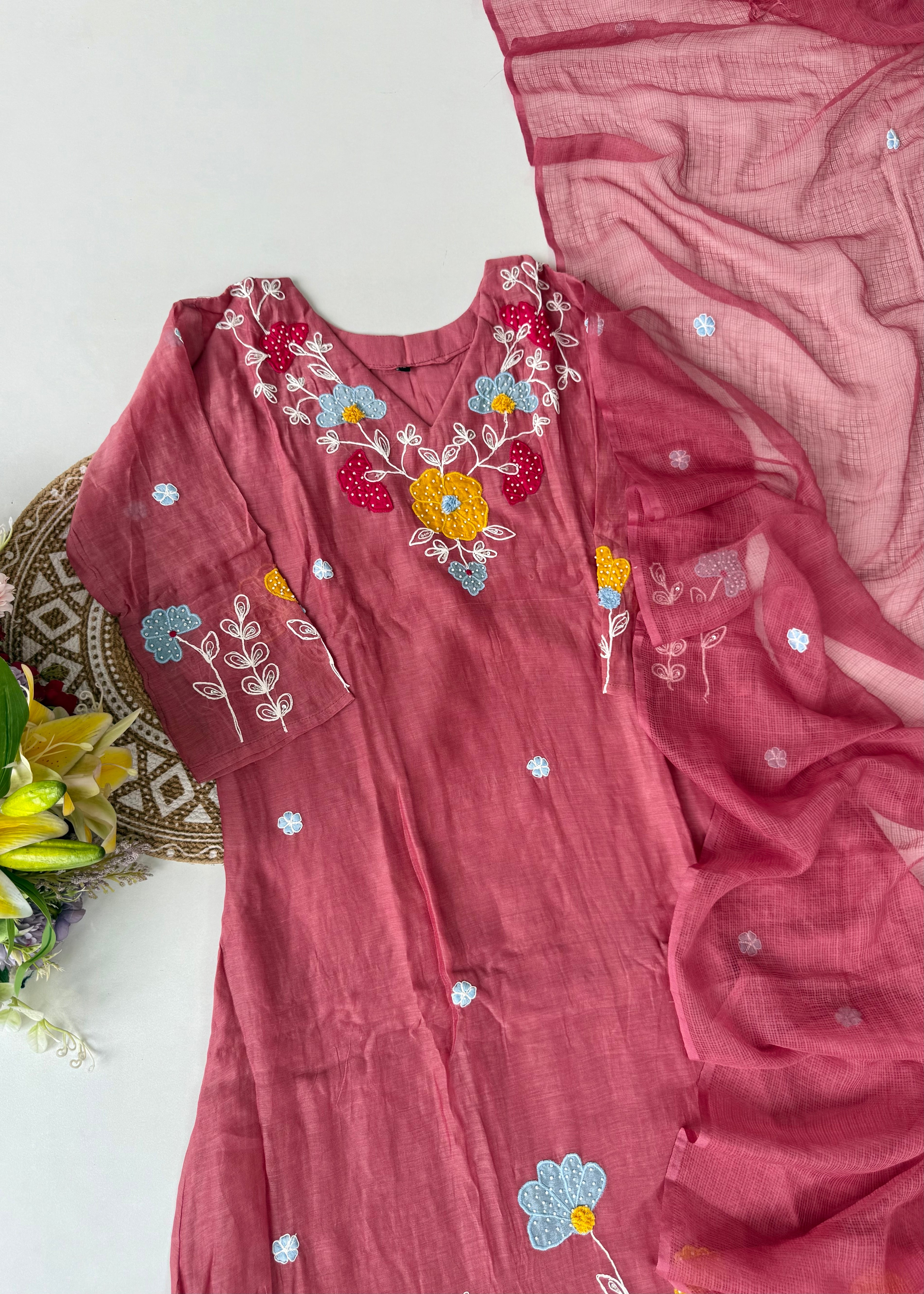 “Neesha” Mul Chanderi Applique work A Line kurta Set