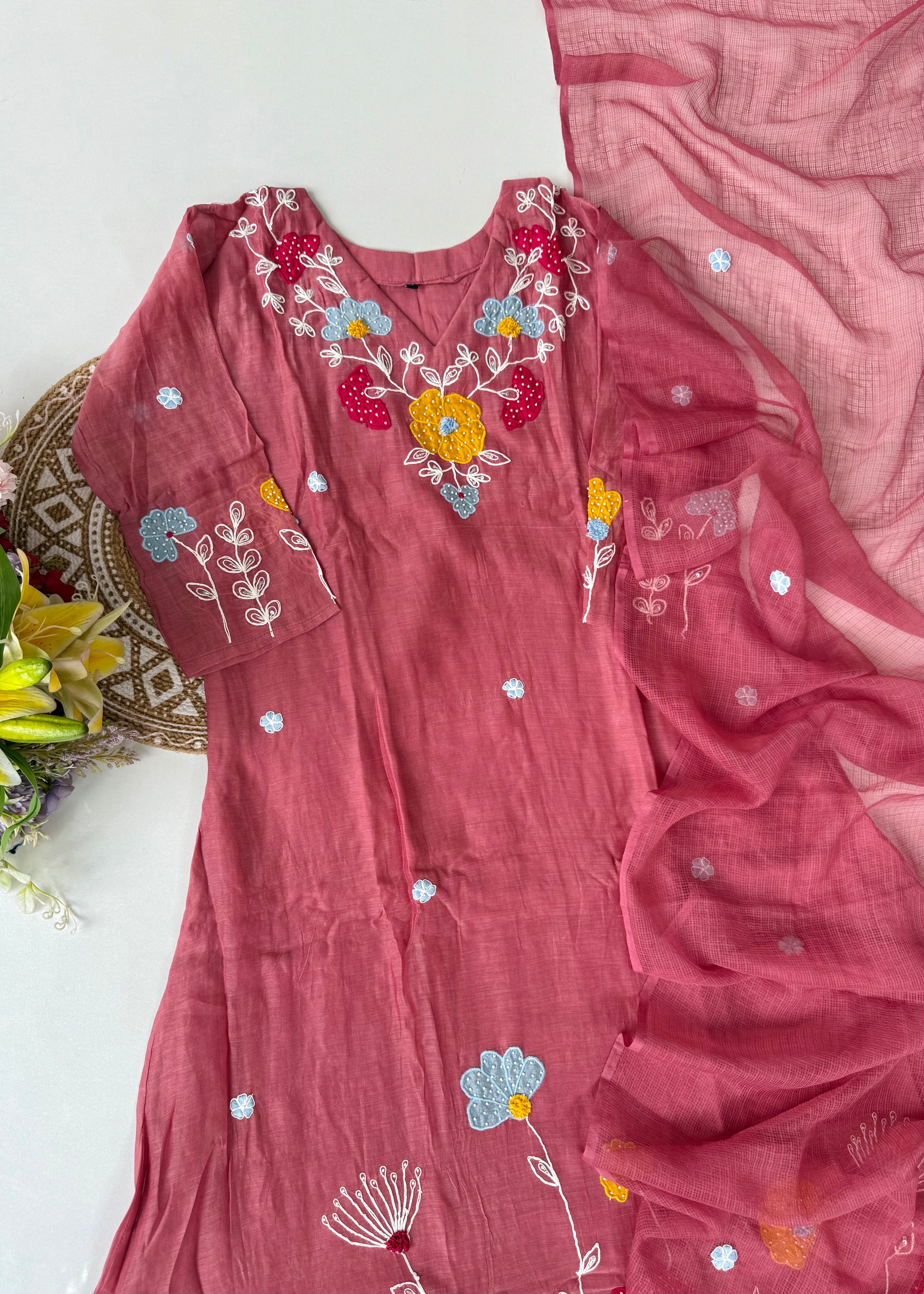 “Neesha” Mul Chanderi Applique work A Line kurta Set