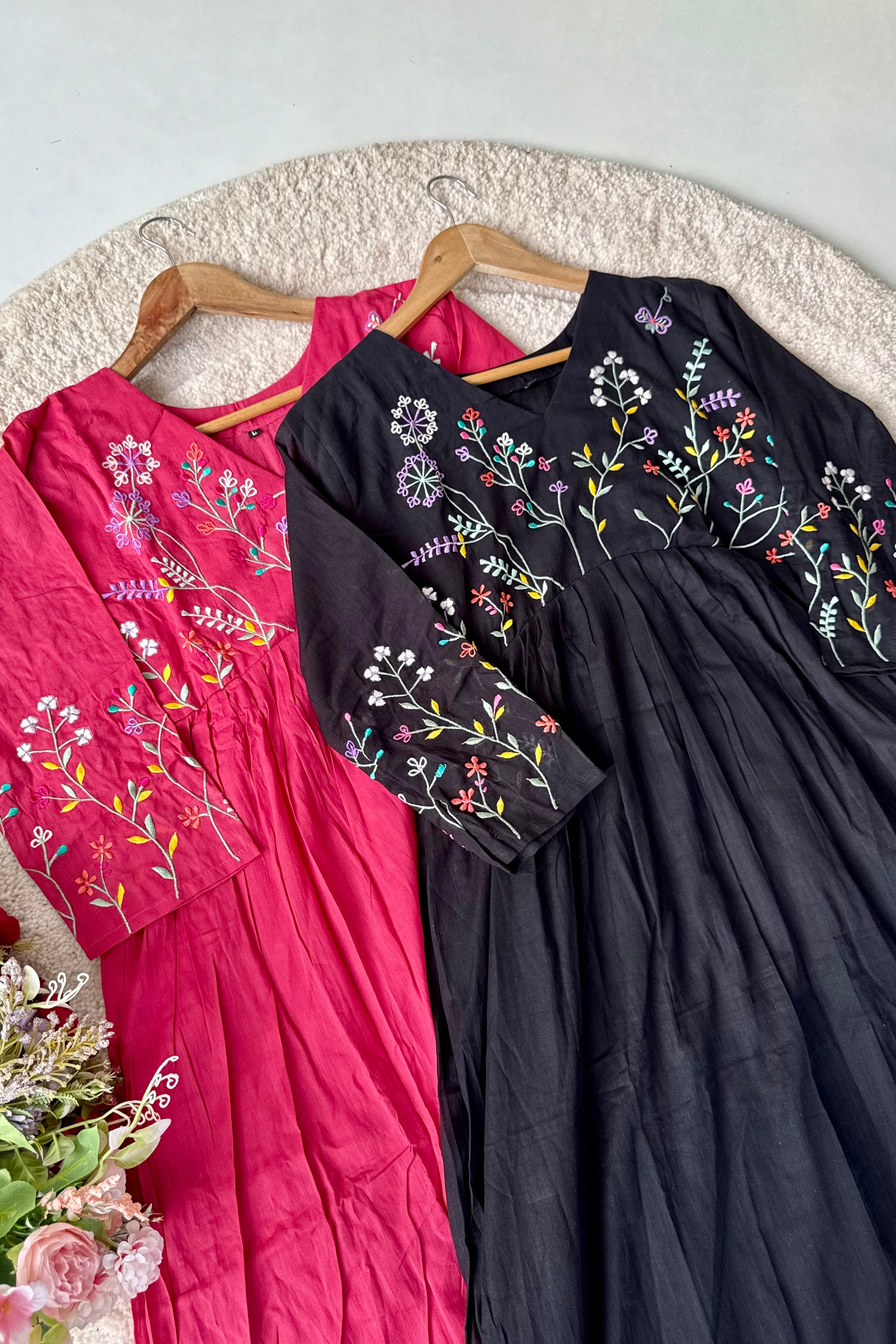 “Ziva” Beautiful Mul Cotton Embroidered Anarkali Kurta Set