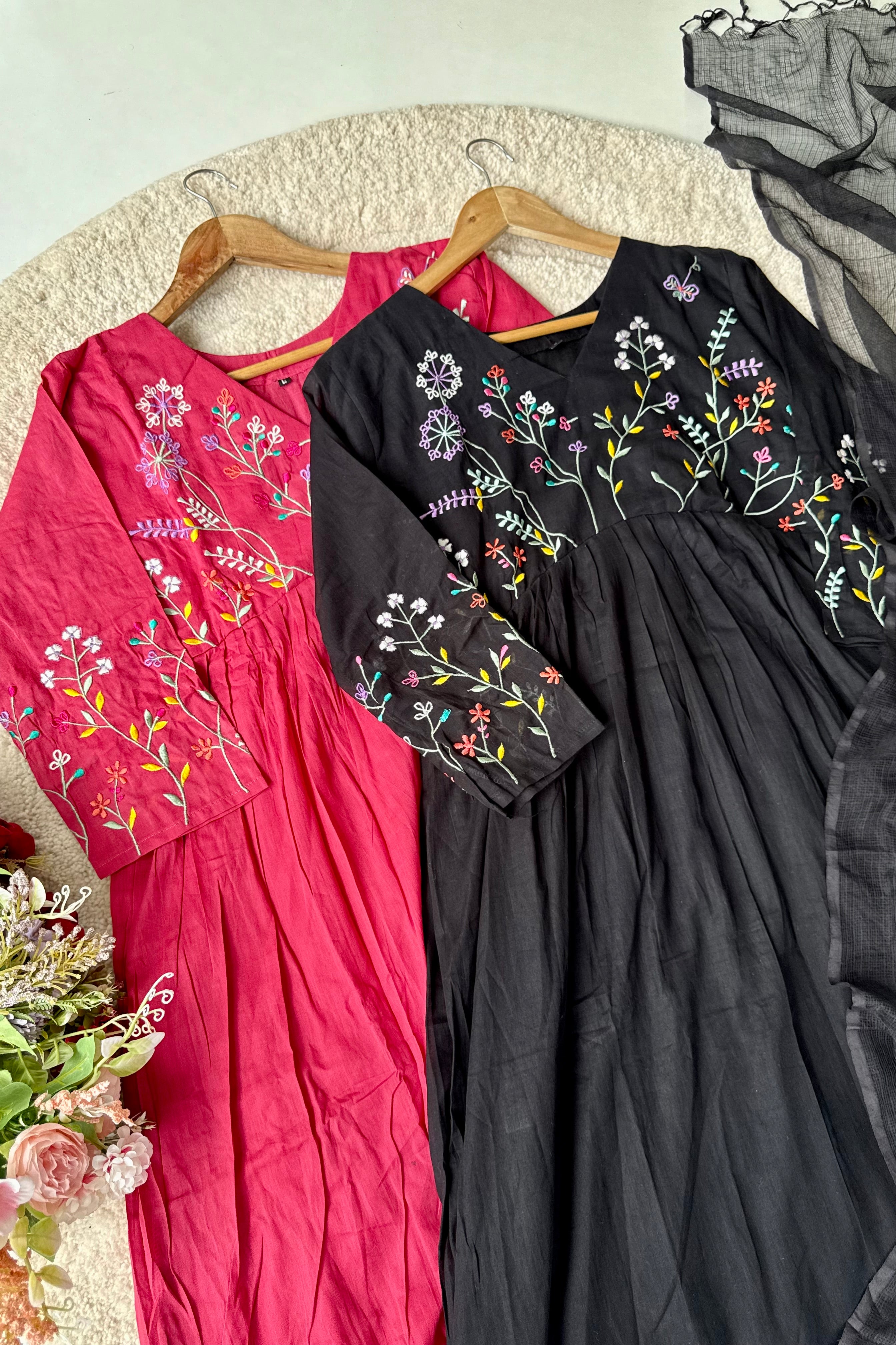 “Ziva” Beautiful Mul Cotton Embroidered Anarkali Kurta Set