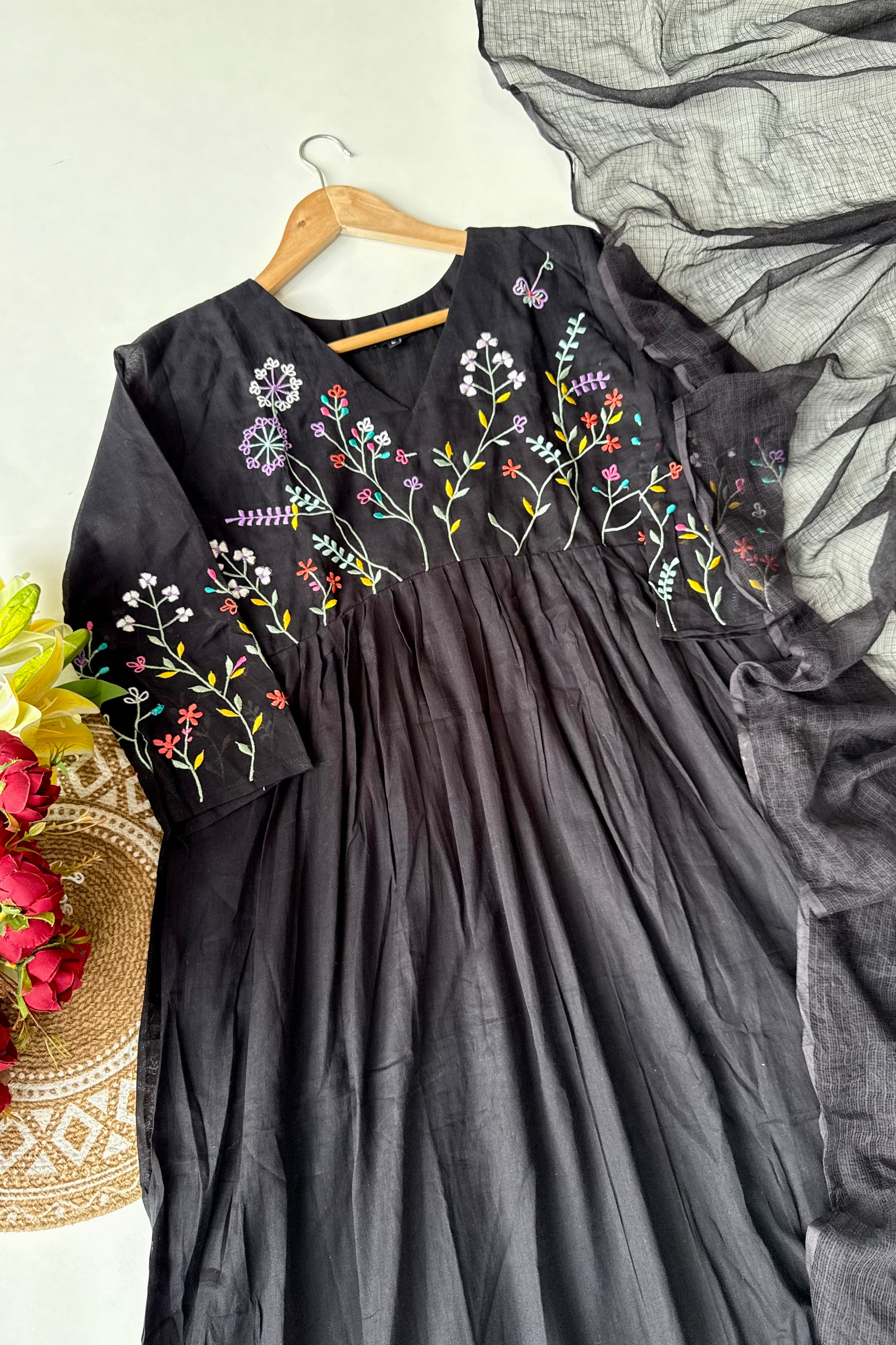 “Ziva” Beautiful Black Mul Cotton Embroidered Anarkali Kurta Set