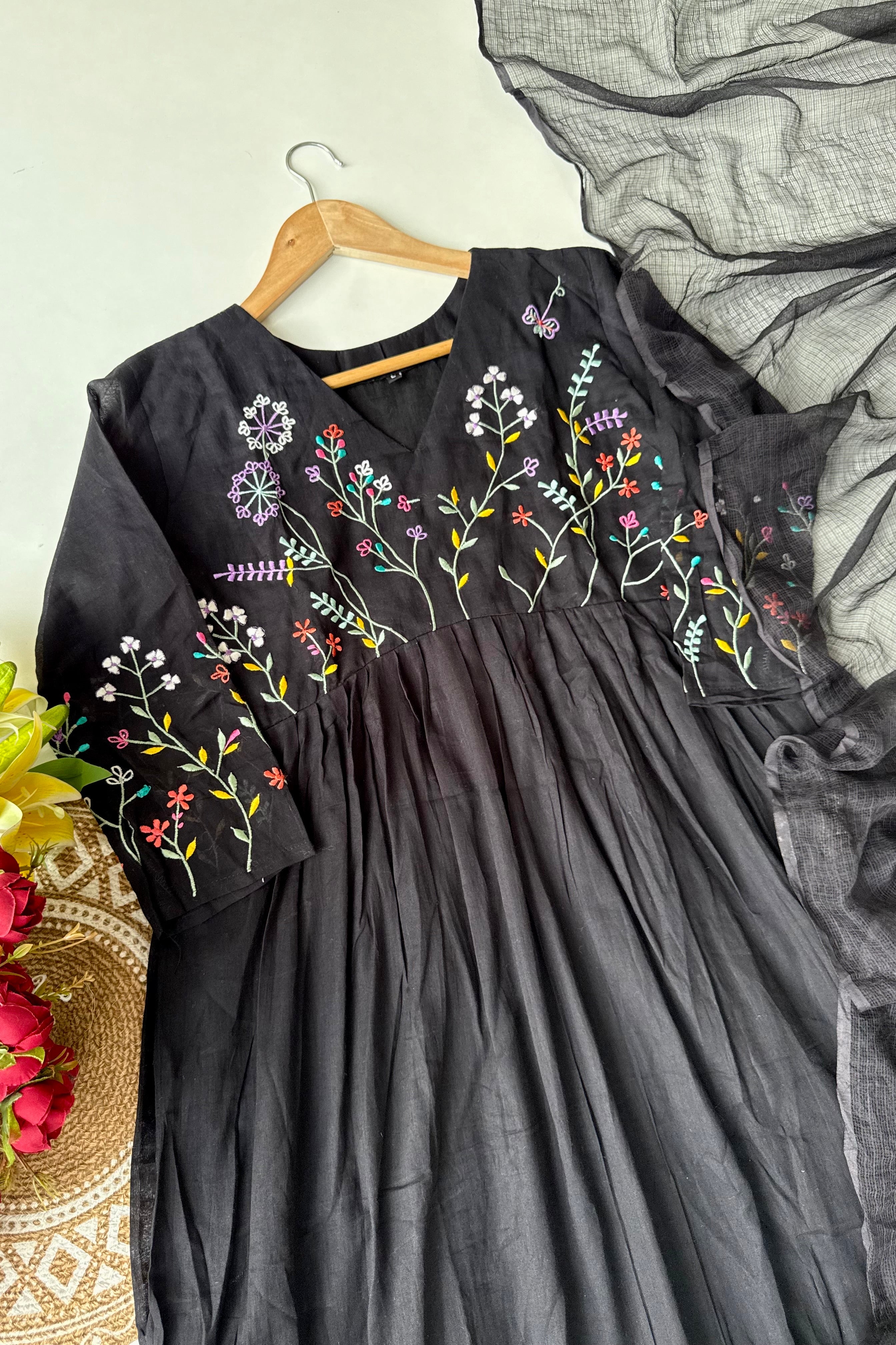 “Ziva” Beautiful Black Mul Cotton Embroidered Anarkali Kurta Set