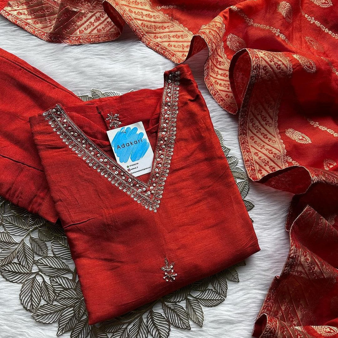 ‘’RUST” orange banarsi dola silk set