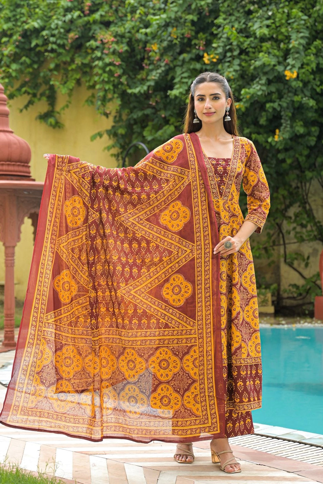 “Inaaya” Handblock Printed Cotton Anarkali Kurta Set