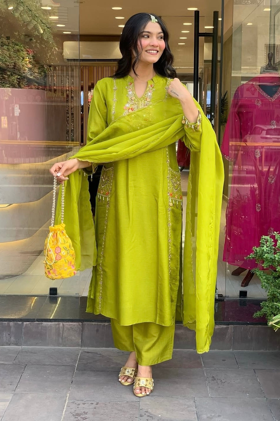 “Lime” Greenish Green Dola Silk Heavy Handwork Suit Set