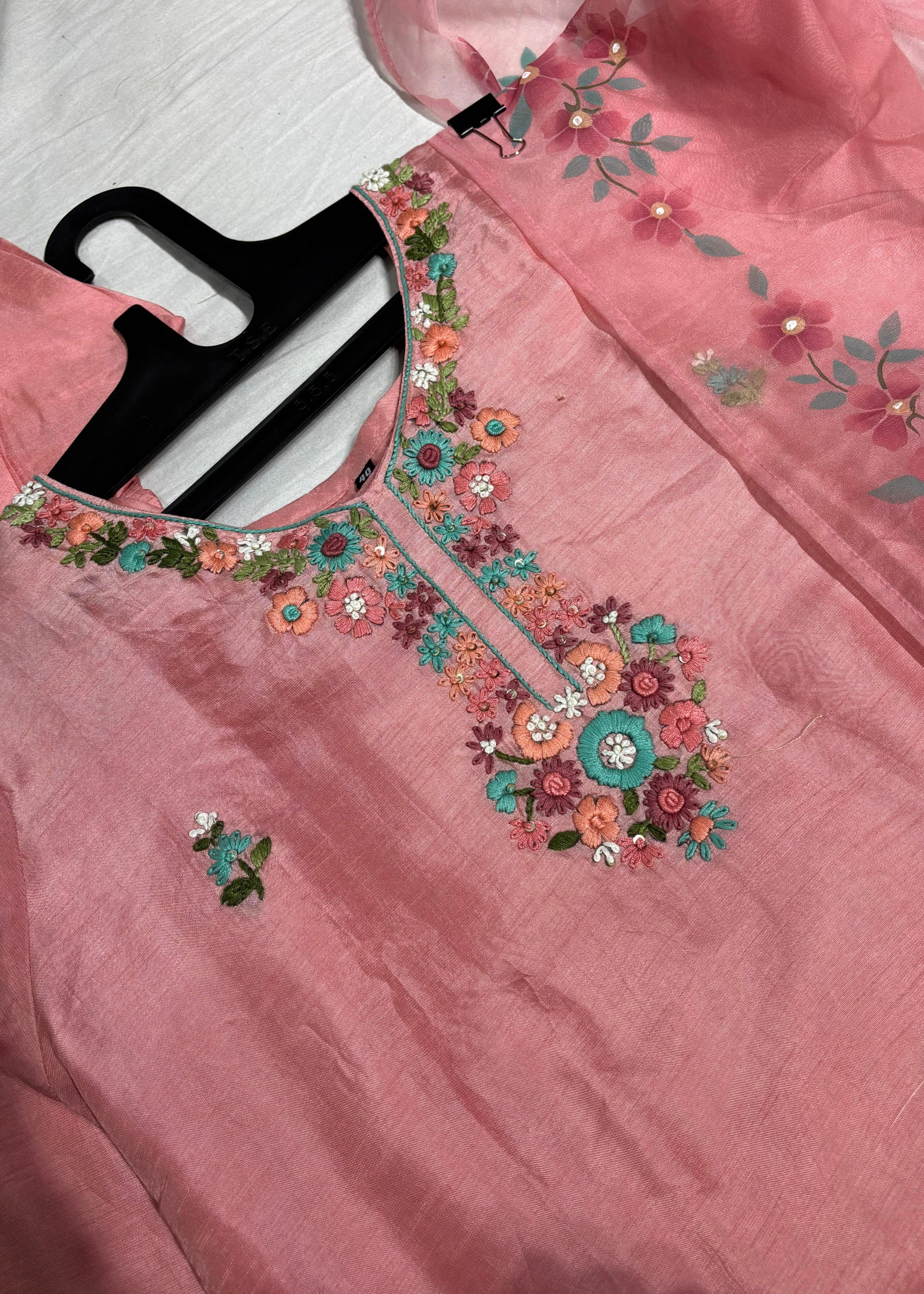“Laya” Dola Silk Embroidered Suit Set with Printed Organza Dupatta