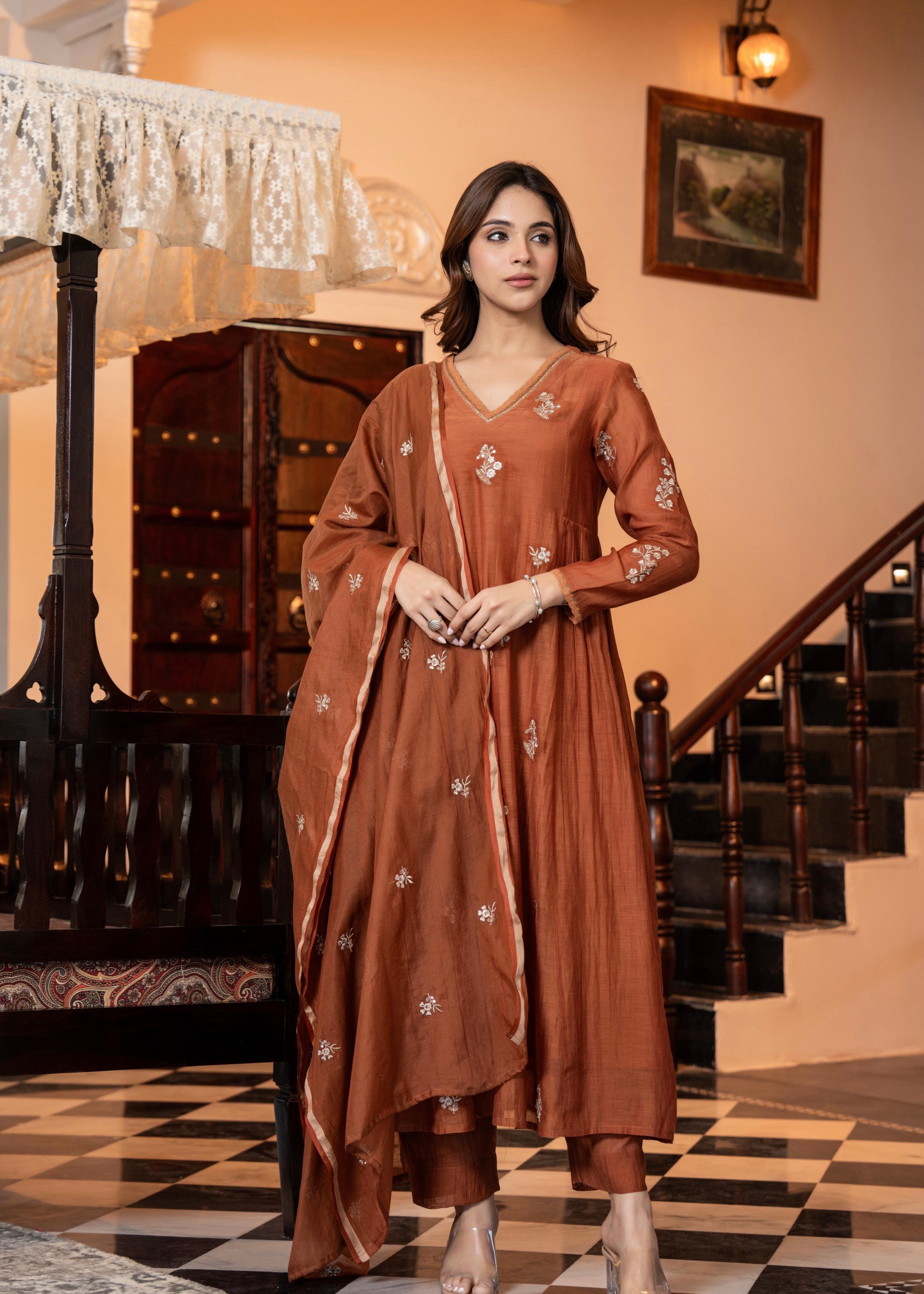 “CHHAVI” Caramel Crush Mul chanderi anarkali suit set