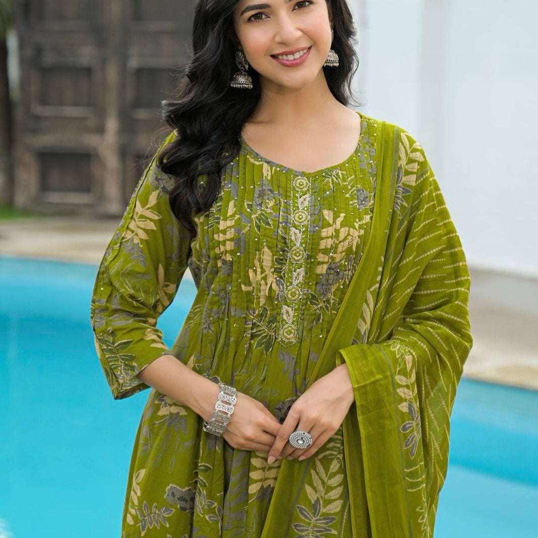“Driti” Floral Printed Cotton Kurta pant with Dupatta set