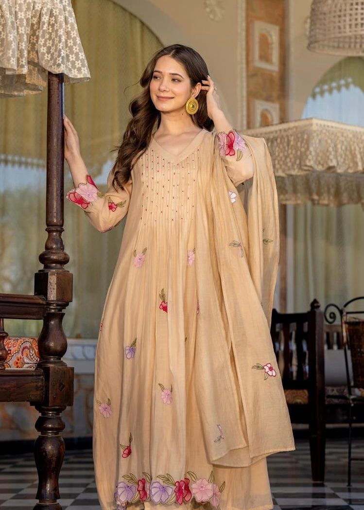 “Jhanvi” Luxury Mul Chanderi Anarkali Set | Appliqué Embroidery | Dupatta & Bottom