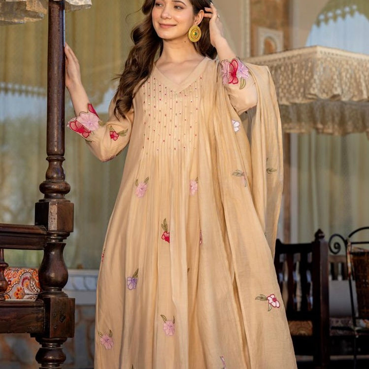 “Jhanvi” Luxury Mul Chanderi Anarkali Set | Appliqué Embroidery | Dupatta & Bottom