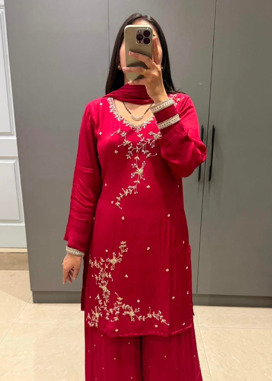 “Alya” Chinnon Silk Heavy Handwork Kurta Palazzo Set with Dupatta