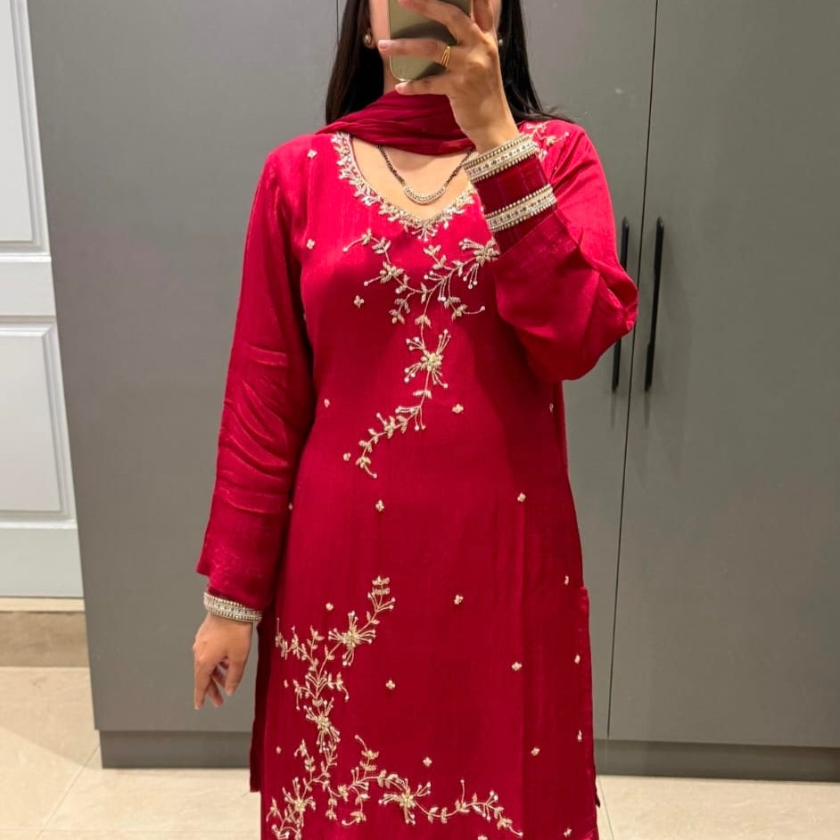 “Alya” Chinnon Silk Heavy Handwork Kurta Palazzo Set with Dupatta