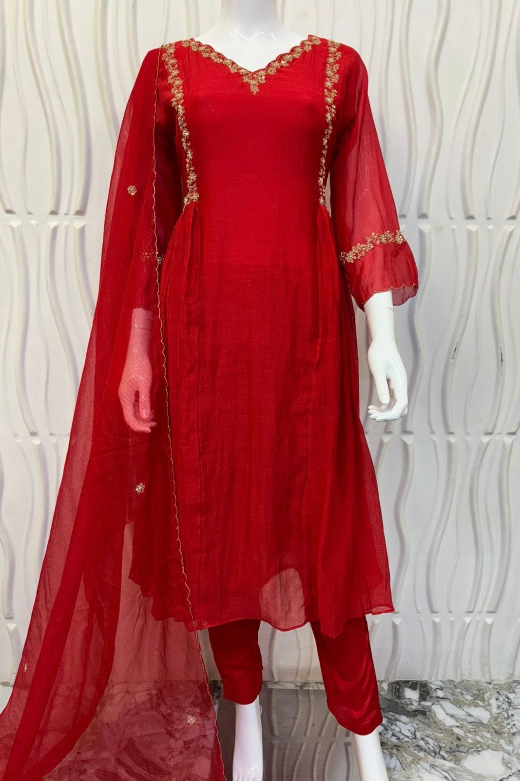 “Neha” karwa chauth Special Red Mul Chanderi Anarkali Kurta Set