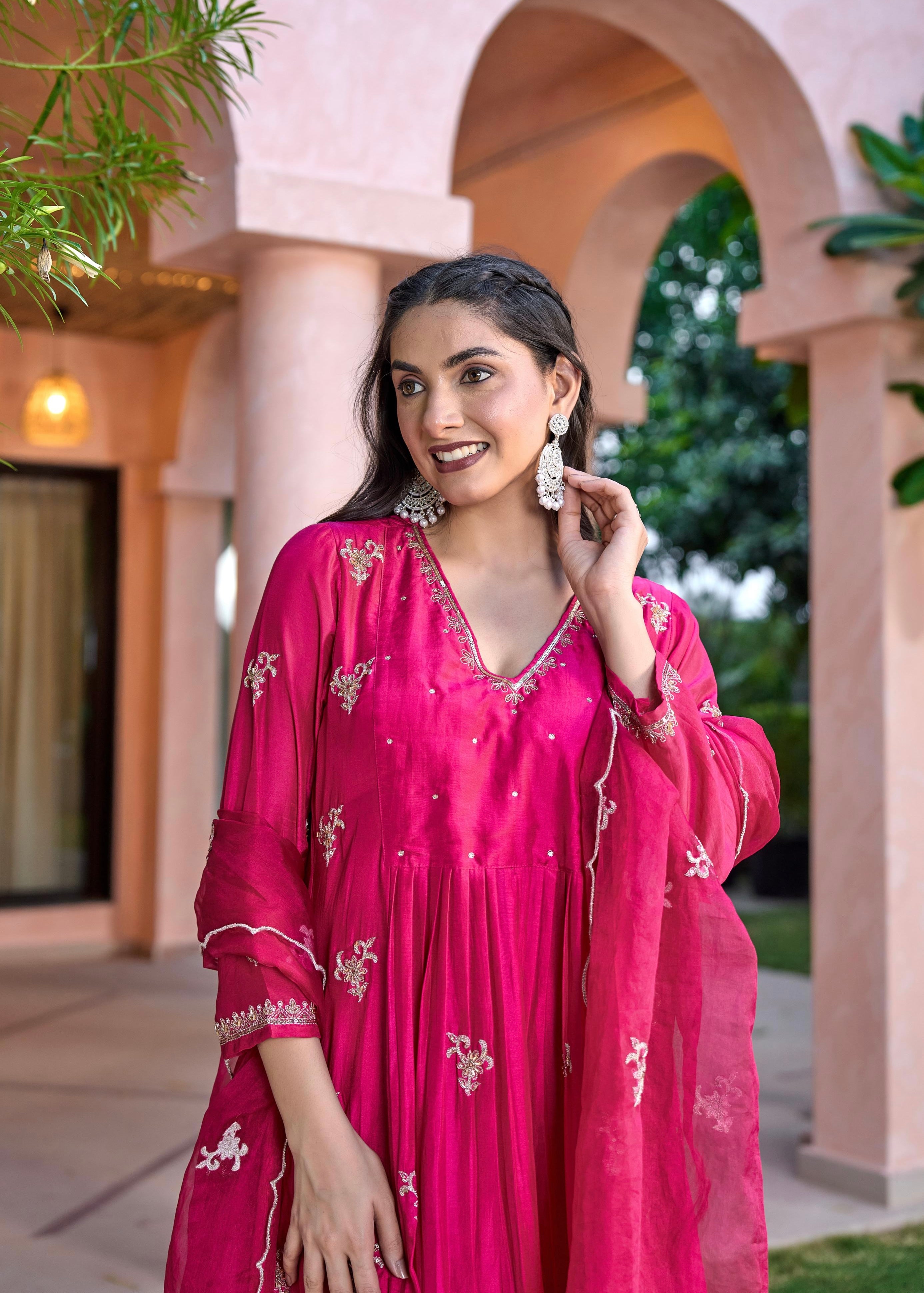 “Ishira” Premium Mul Chanderi Anarkali Kurta Set with Handwork