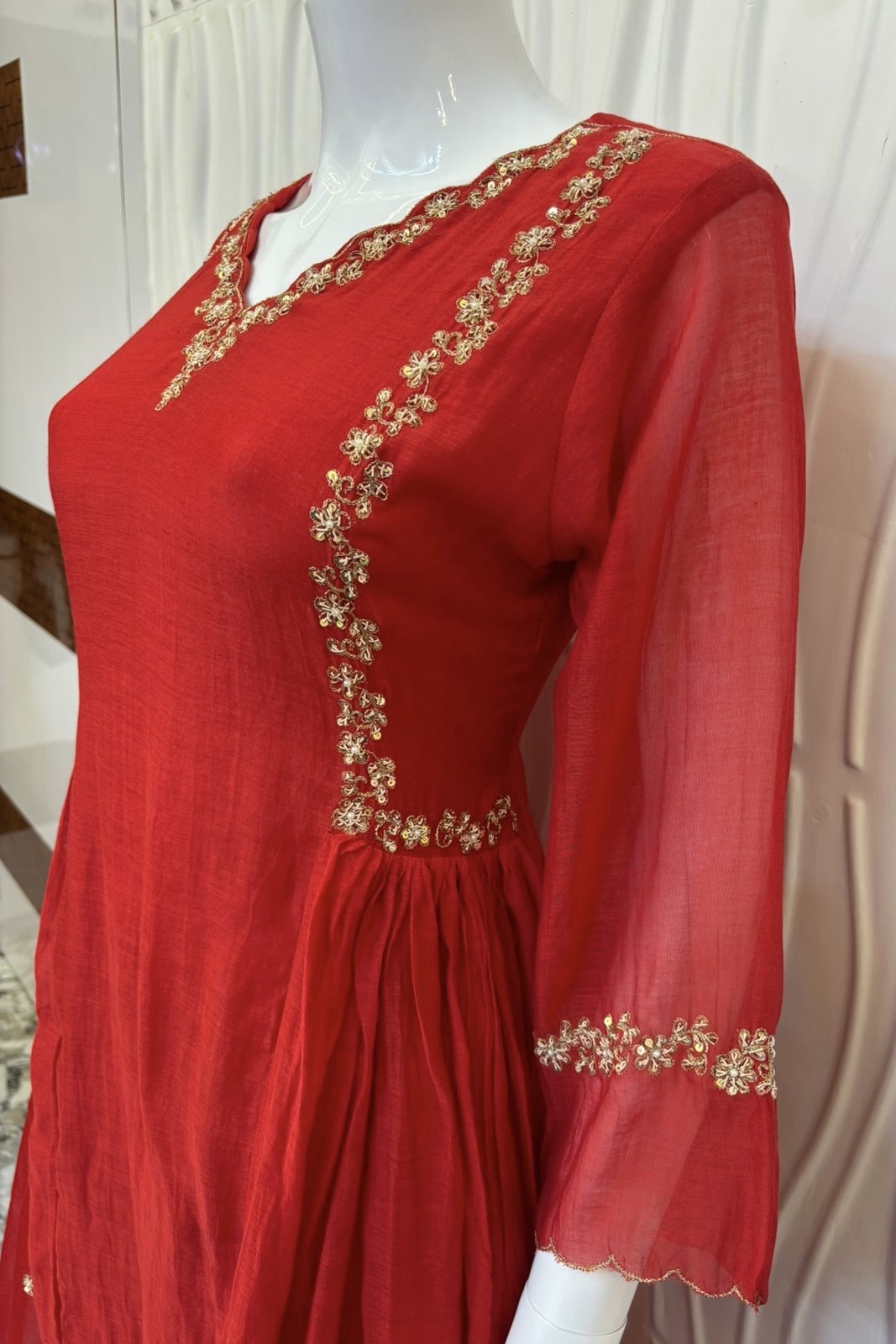 “Neha” karwa chauth Special Red Mul Chanderi Anarkali Kurta Set