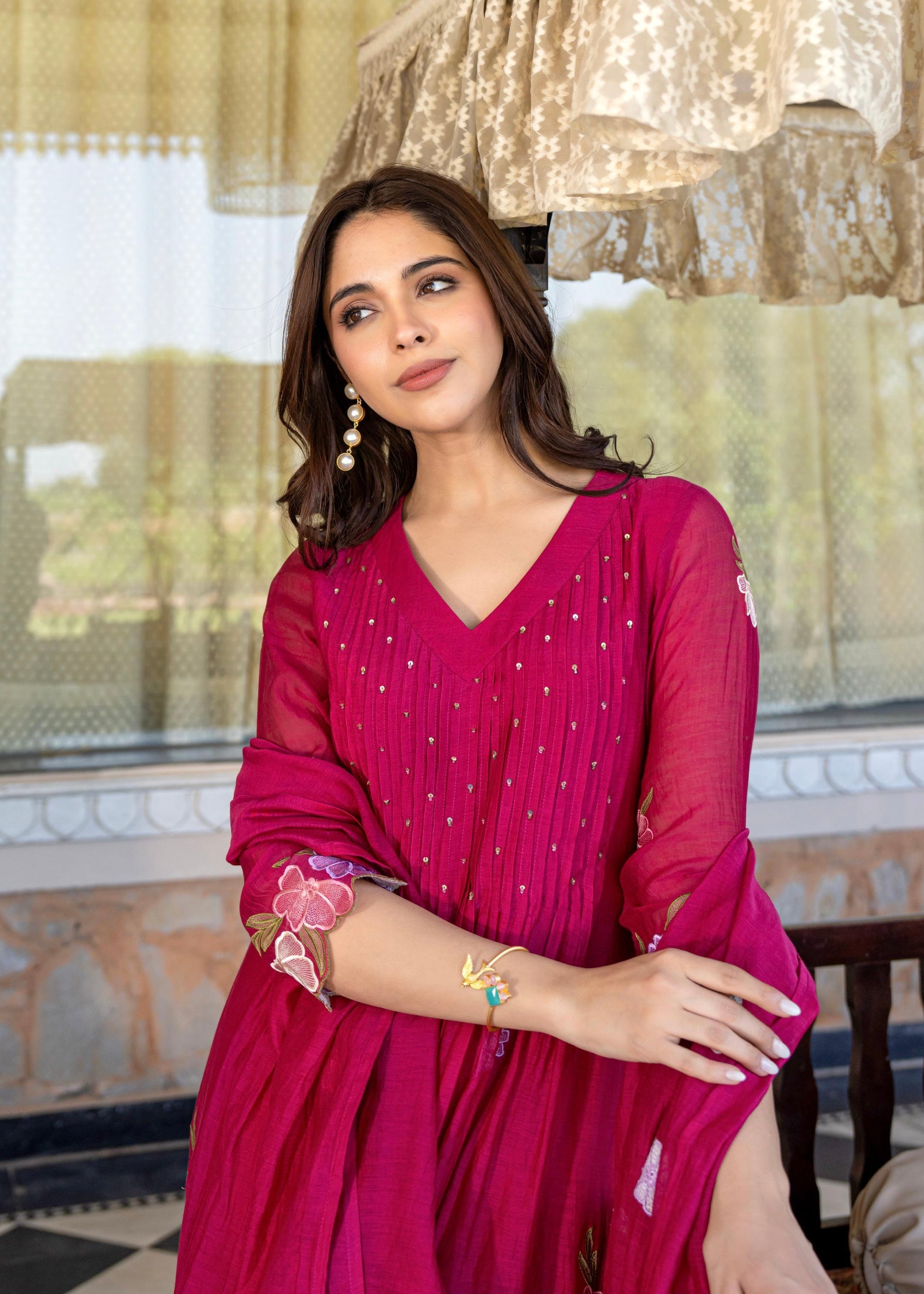 “Jhanvi” Luxury Mul Chanderi Anarkali Set | Appliqué Embroidery | Dupatta & Bottom