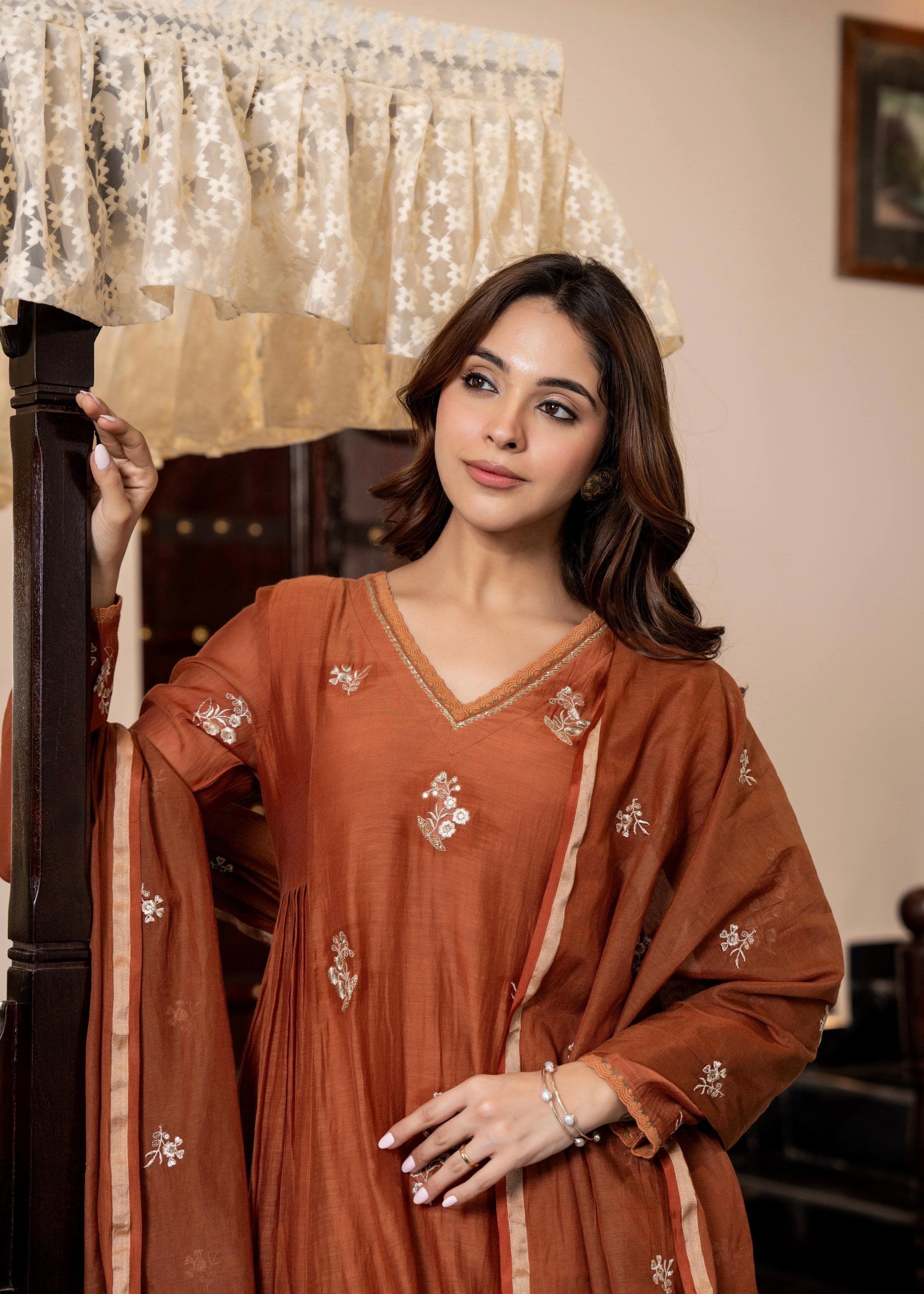 “CHHAVI” Caramel Crush Mul chanderi anarkali suit set