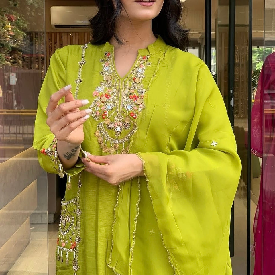 “Lime” Greenish Green Dola Silk Heavy Handwork Suit Set
