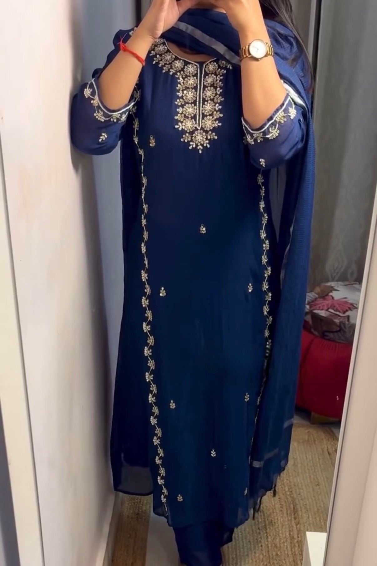 “Faraj” Navy Blue Pure Mul-Chanderi Party wear A Line suit set