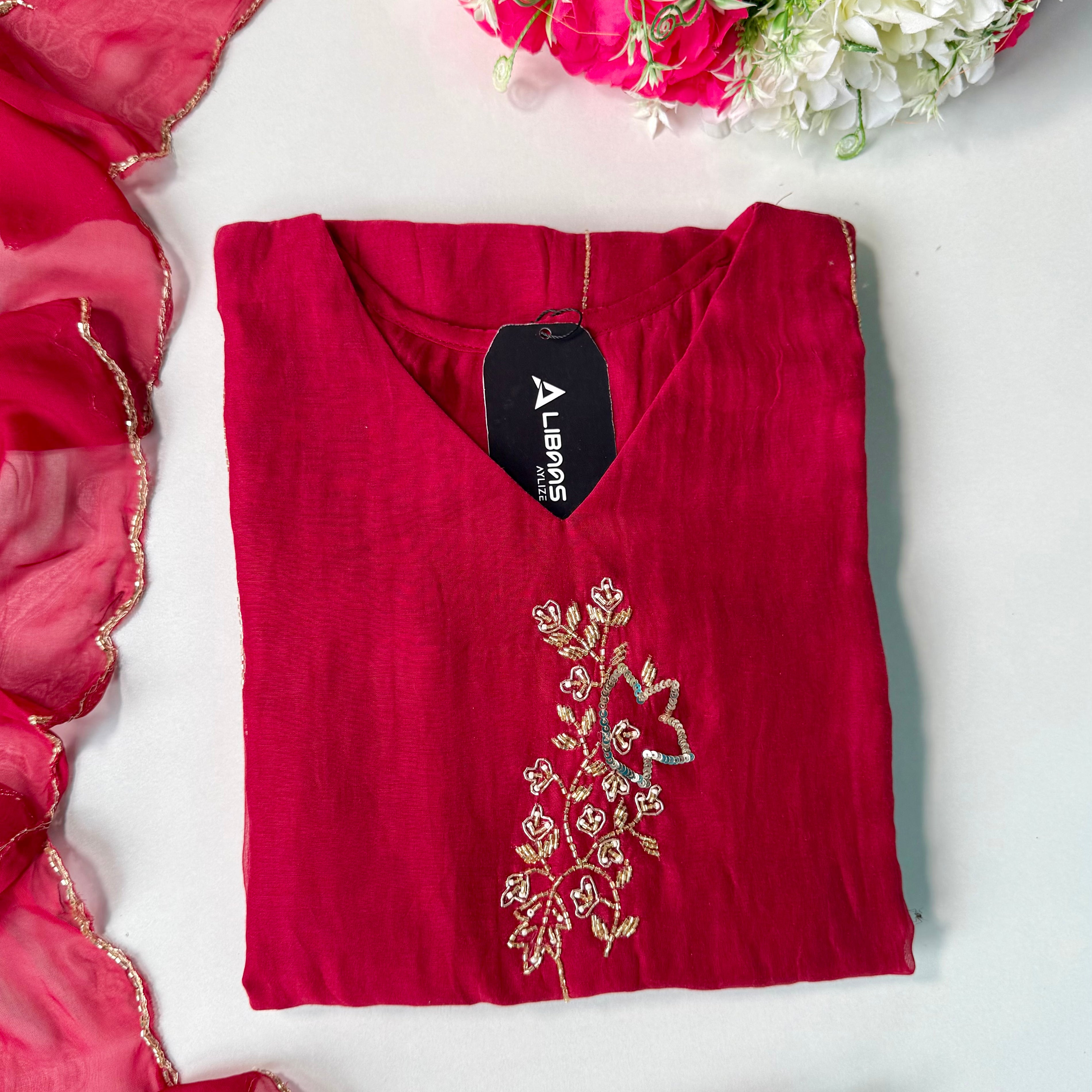 ✨”Rida - Premium Red Mul Chanderi A-Line Kurta Set