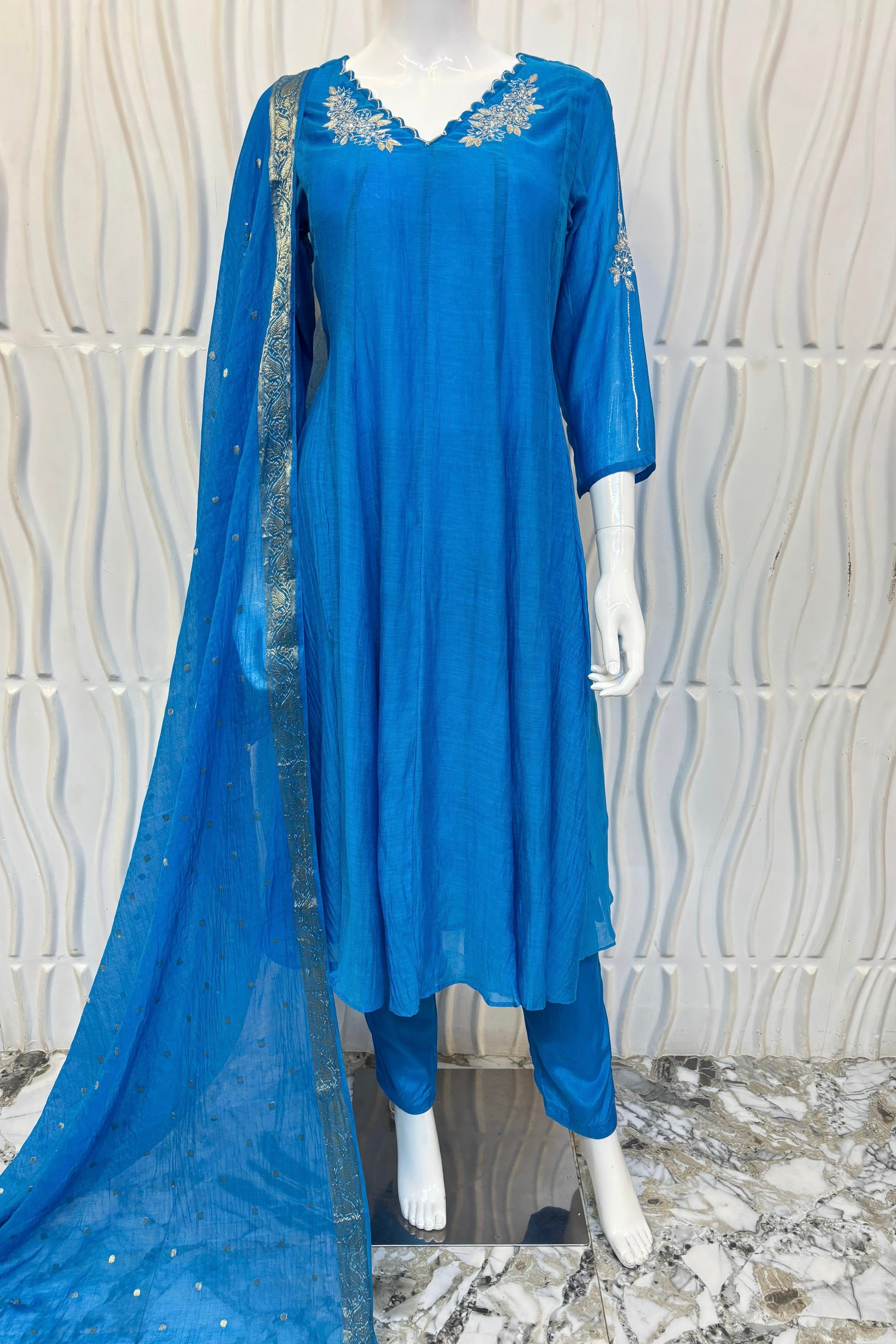 ✨ “Azure – Blue Elegance Mul Chanderi A-Line Suit