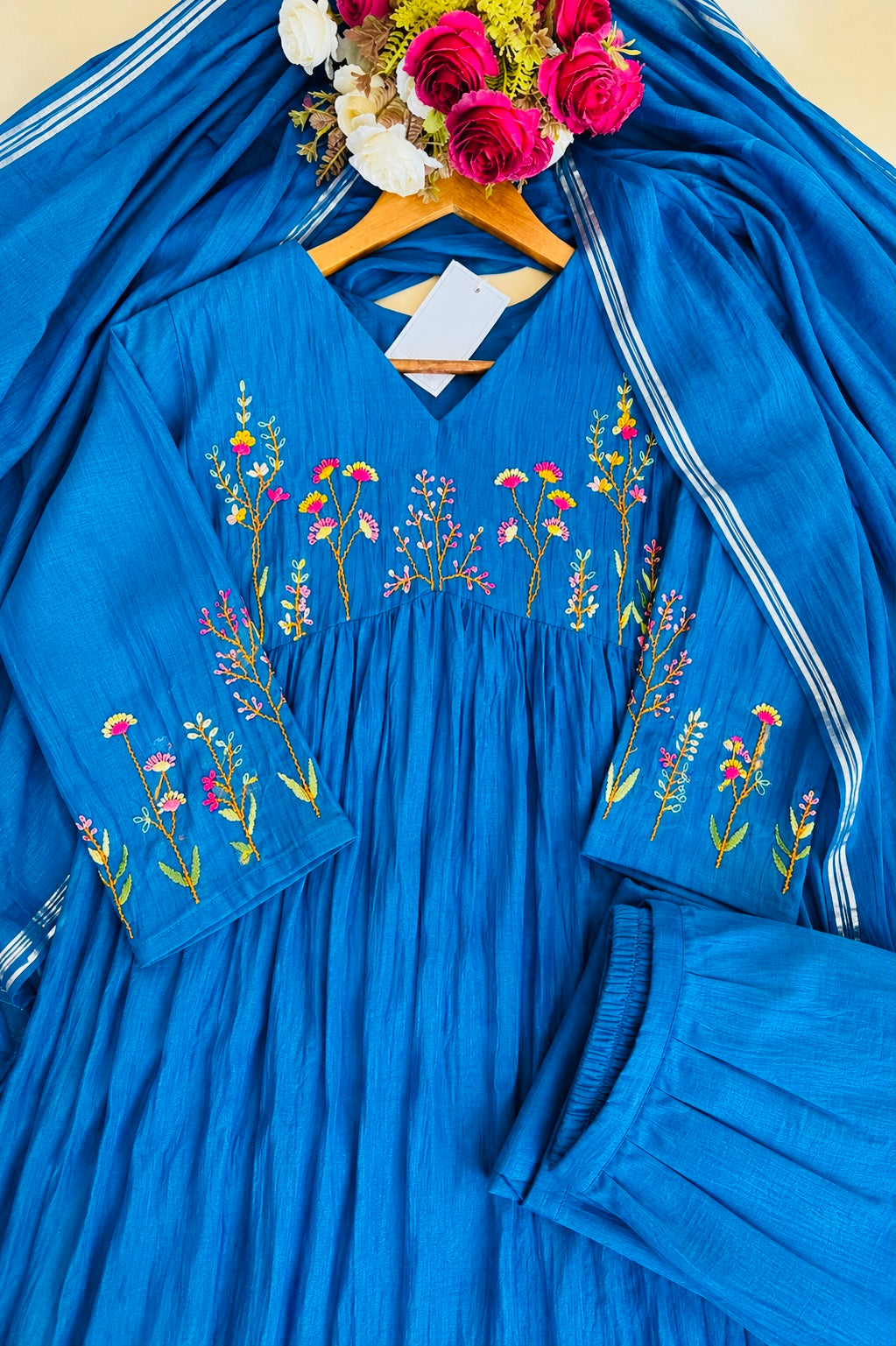 💙AYRA- Azure Blue Mul Chanderi Thread Work Anarkali Kurta Set