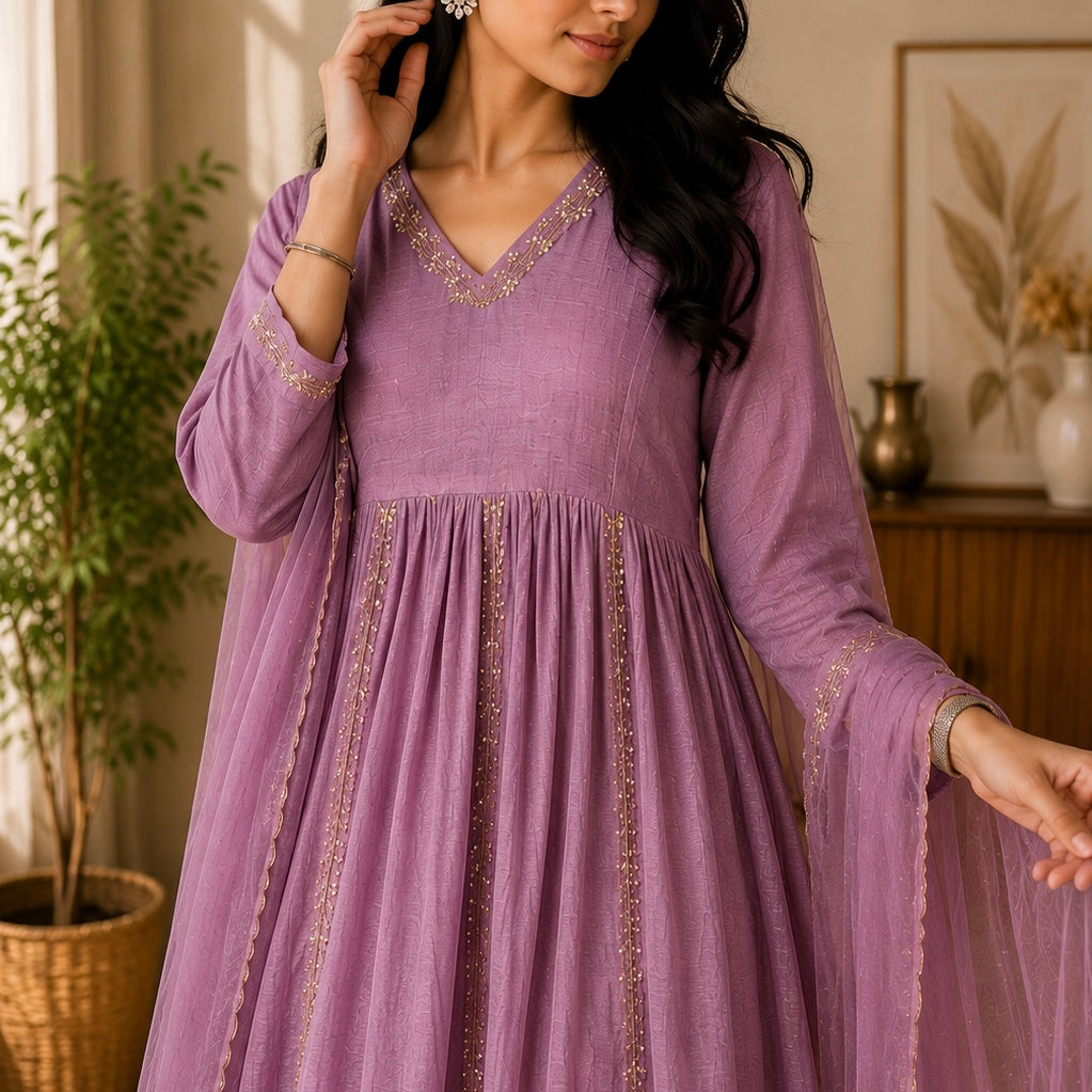 ✨Florence - Mauve Rosewood Mul Chanderi Anarkali Suit set 🛍️