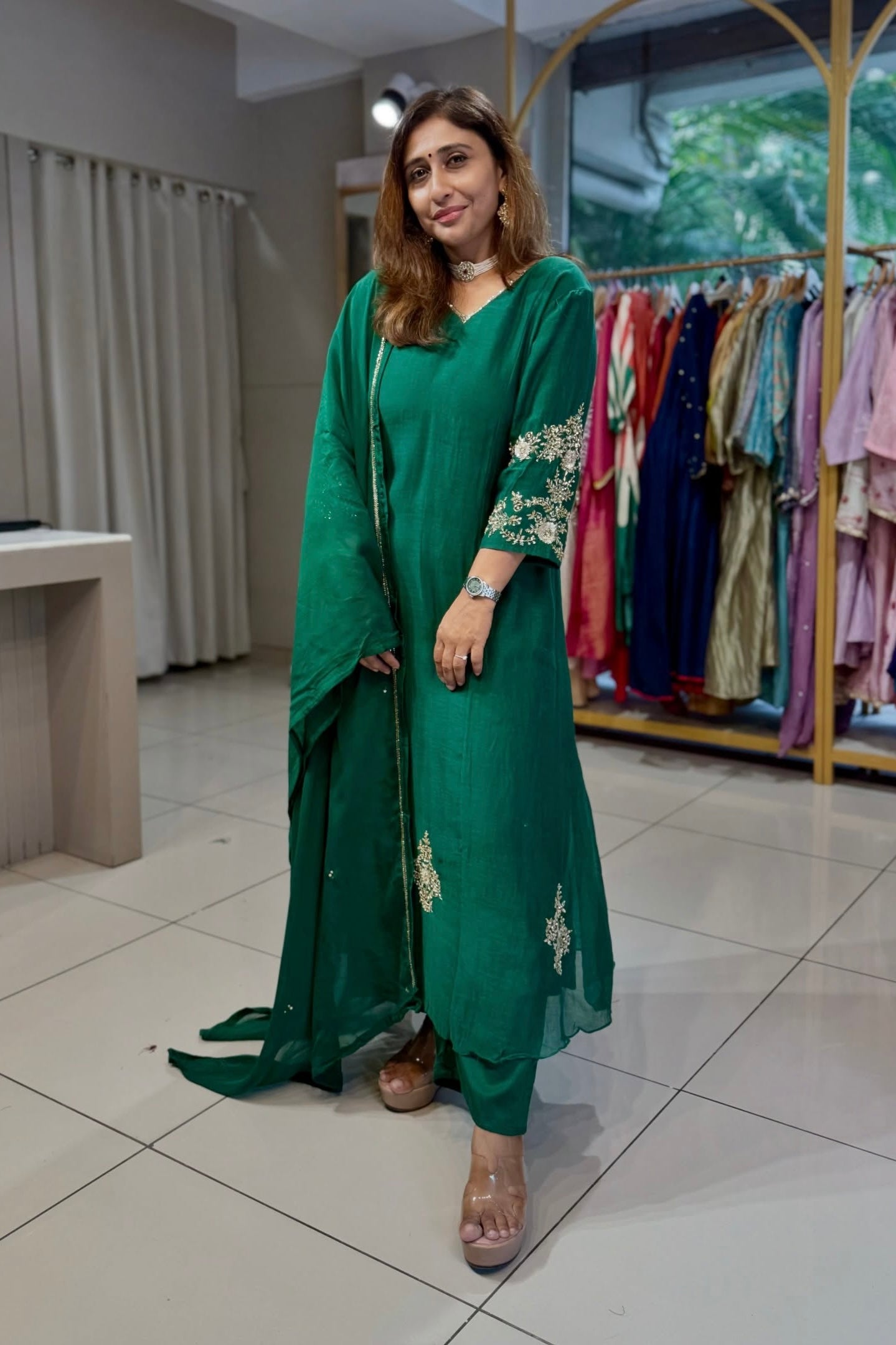 ✨”Amaya - Premium Green Mul Chanderi A-Line Kurta Set