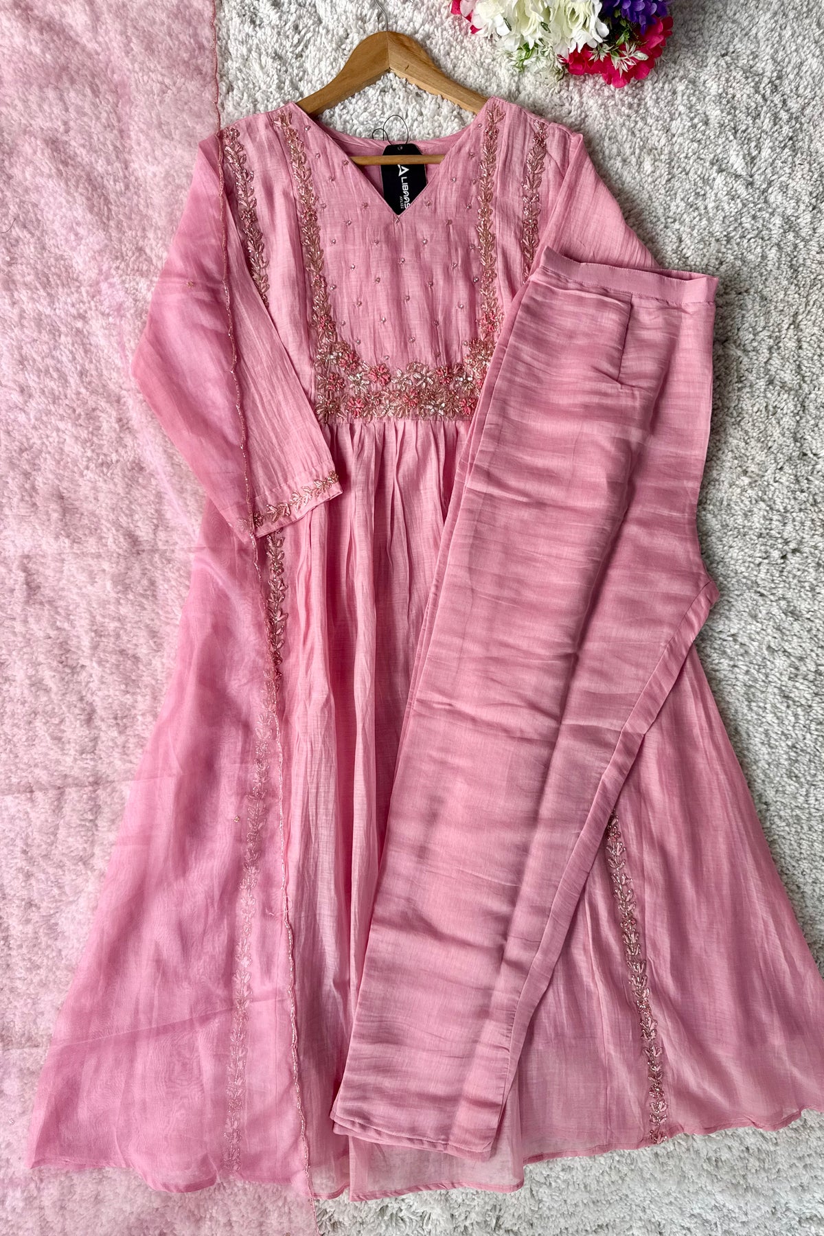 “Ayza” Premium Blush Rose Pink  Mul Chanderi A Line Suit set