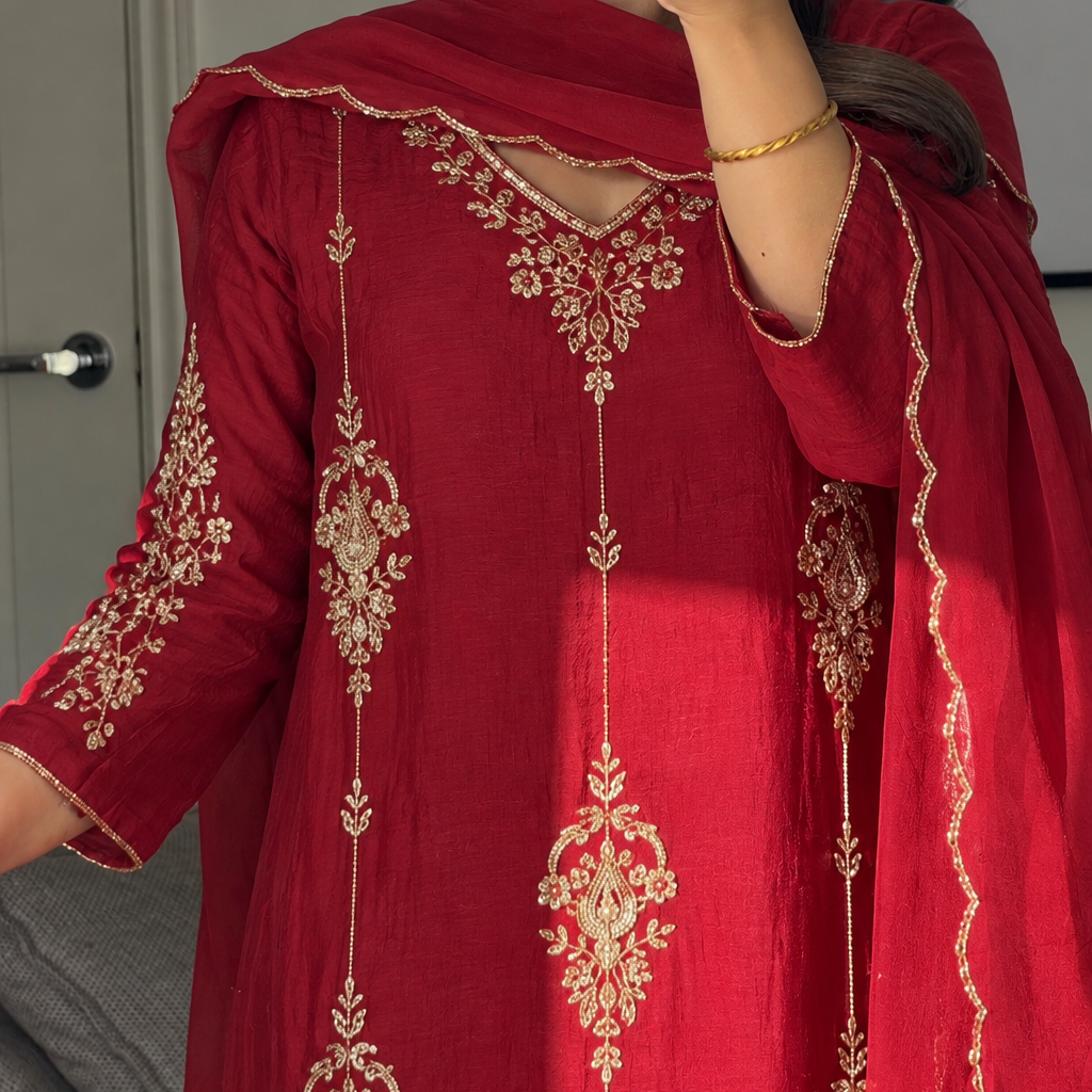 ✨Rida - Diwali Special Red Mul Chanderi A-Line Kurta Set