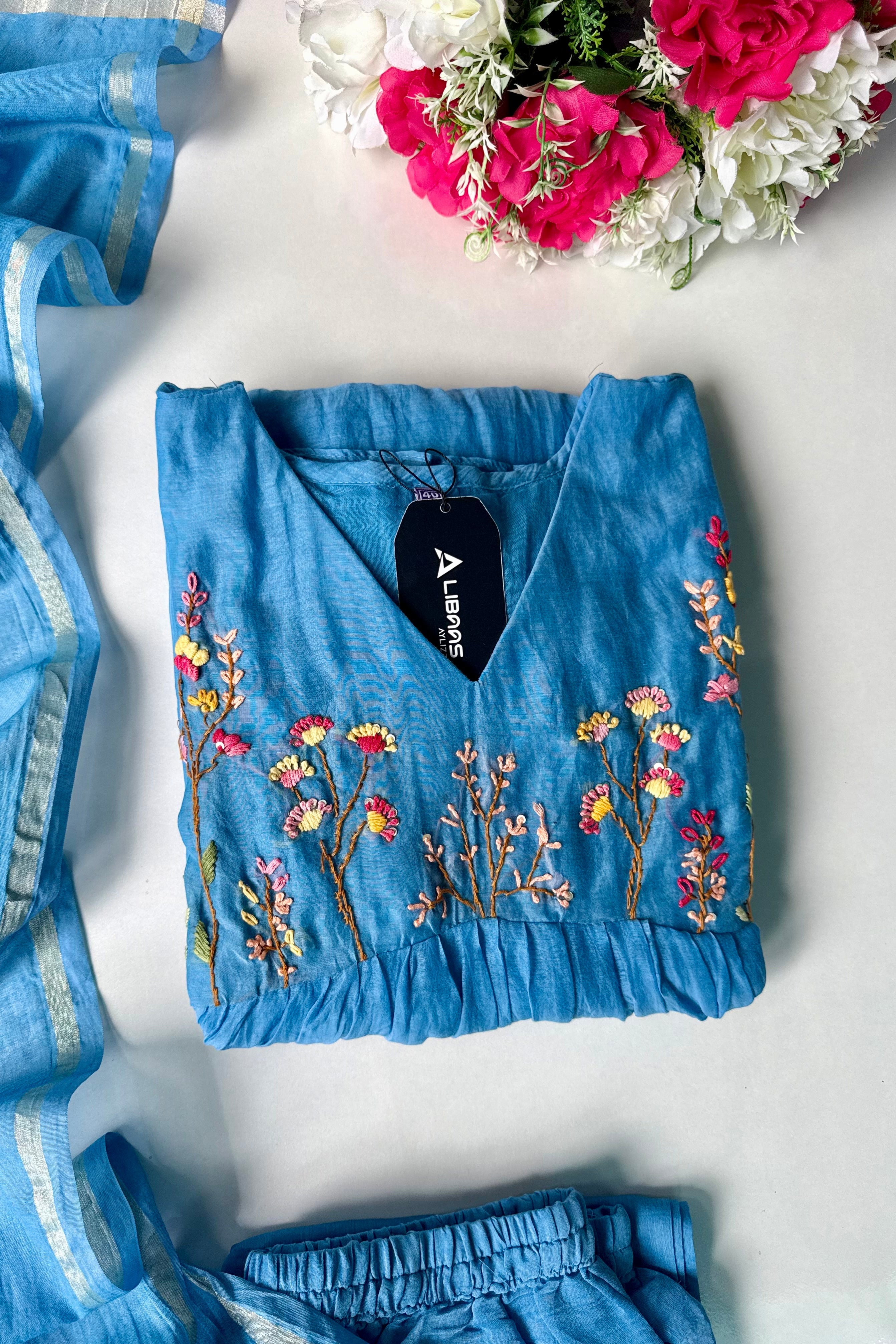 💙AYRA- Azure Blue Mul Chanderi Thread Work Anarkali Kurta Set