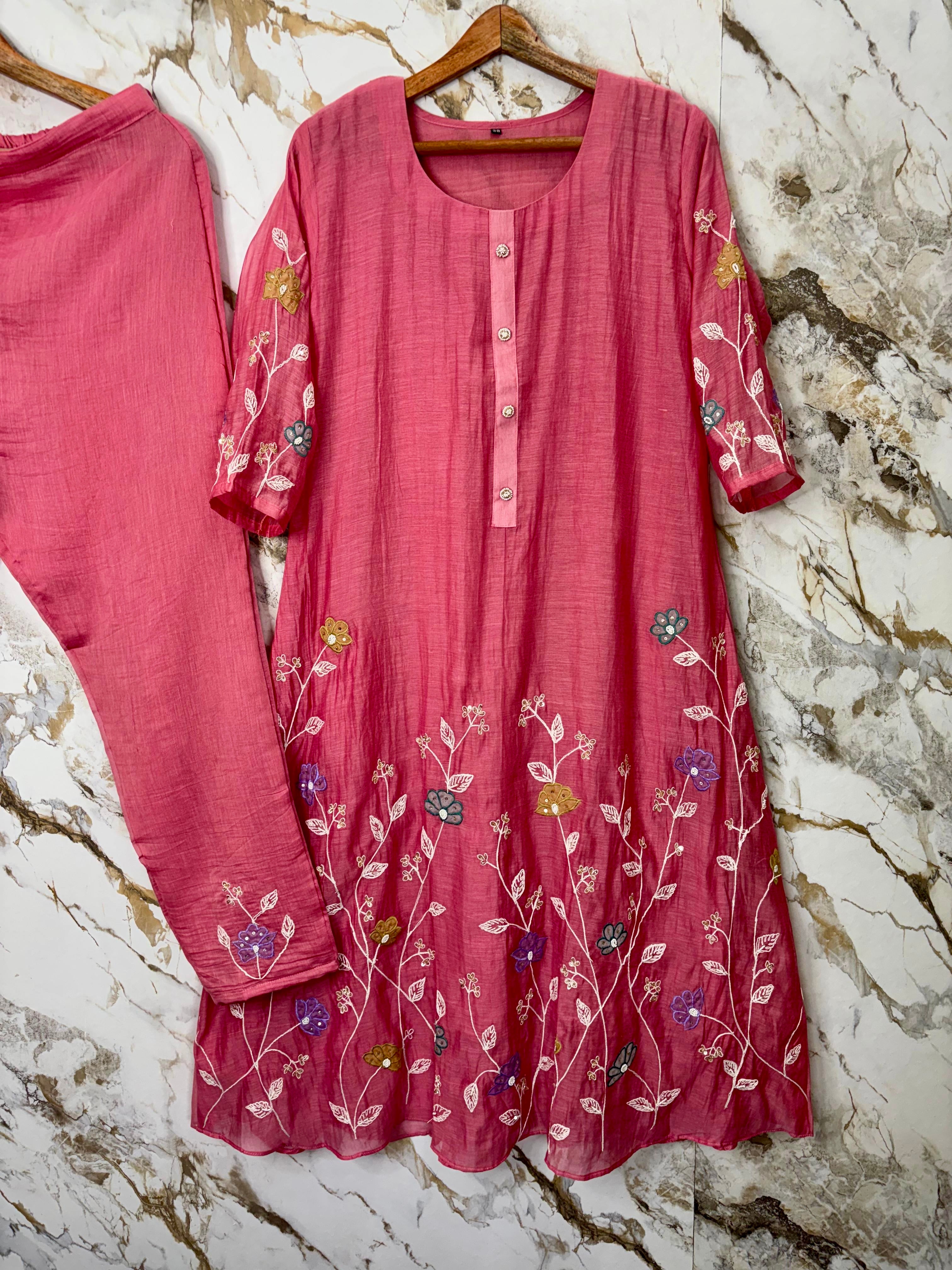 “Wow” Mul Chanderi Applique Embroidered A line Kurta Set