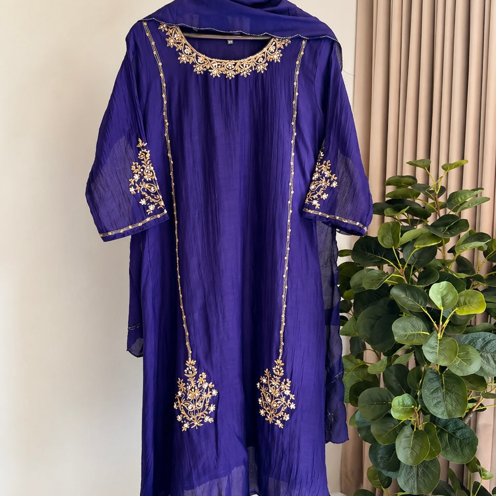💕”Nayra – Premium Mul Chanderi A-Line Kurta Set